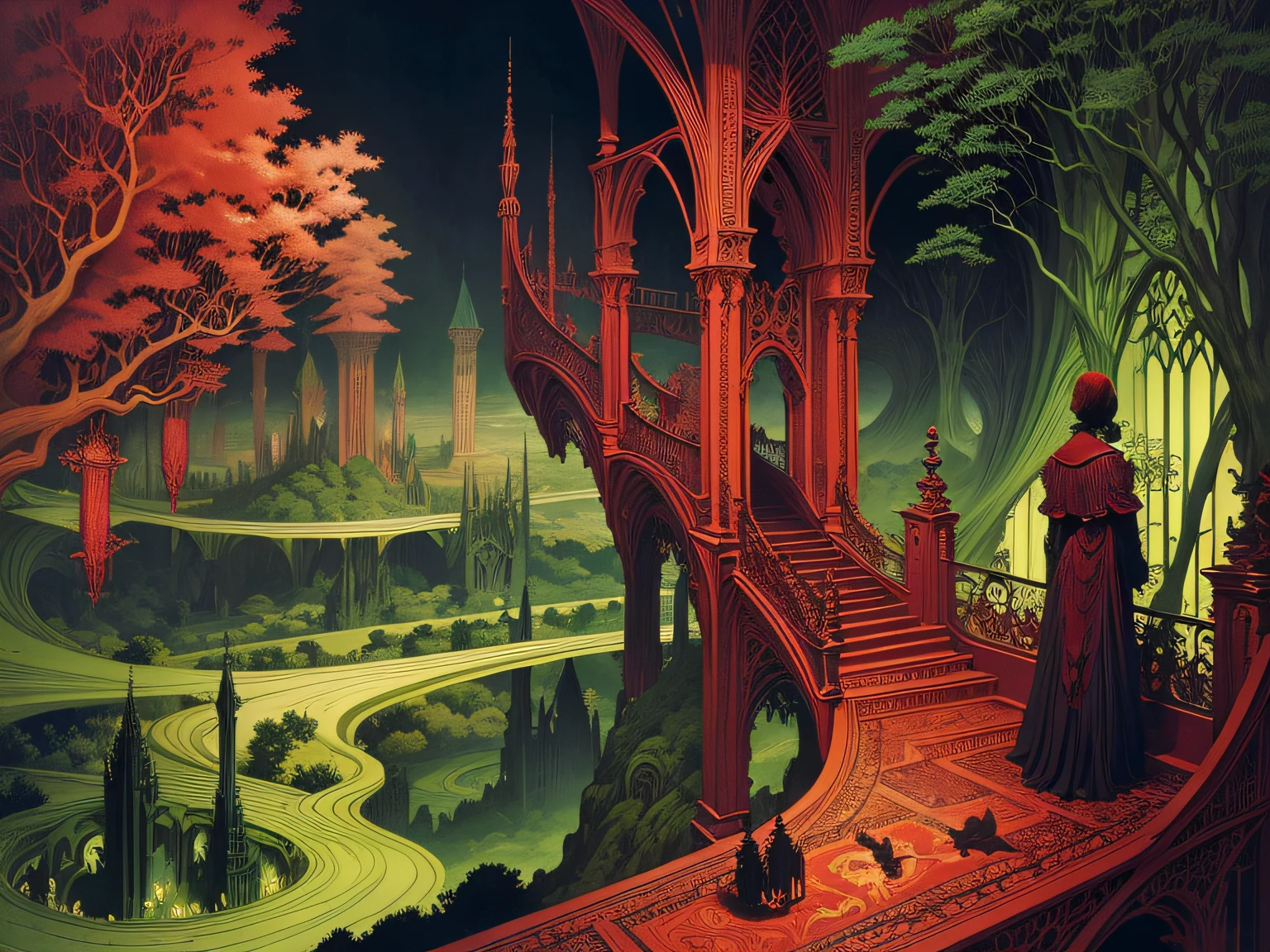 realistic landscape of heaven in crimson and green by MC Escher, Daniel Merriam, H. R. Giger, Harry Clarke, Joe Fenton and Lotte Reiniger