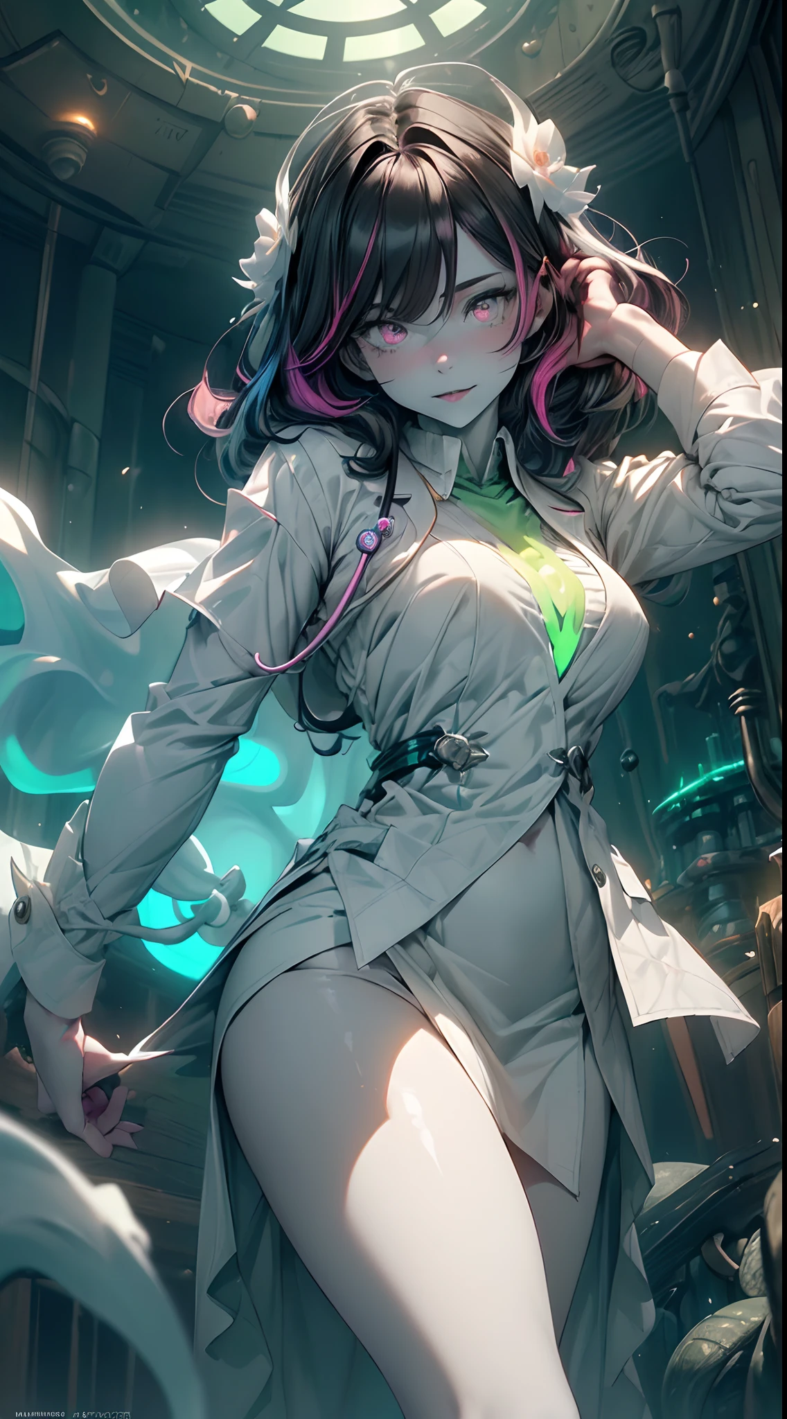 (ghosty:1.85) (doctor:1.5) (nurse:0.65) girl, (white doctor coat:1.4), (spirit, spiritual:1.2), 1girl, perfect and well designed glowing shiny eyes, (beautiful detailed eyes:1.05), natural medium breasts, slim body, beautiful and delicate cute face, (face detail), ((realistic face)), pores, ((pale grey skin)), detailed skin, realistic skin, (((bioluminescence))), ((shiny skin)), (multicolored gradation skin), (monster girl:1.25), human face, medium length hair, hair voluminous, (((((multicolored gradation hair))))), (dark-haired:1.75), super high resolution, 8k, parameters Best quality, (masterpiece:1.4), (magic accessories:1.4), bracelets, extremely detailed thick tight ((white:1.5), (green:1.2), (pink:0.5)) (medical uniform:1.6), (pants:1.3), (standing nipples under cloth:1.3), (cameltoe:1.4), (neckline:1.3), (cleavage:1.4), (decolette:1.5), Young Girl, Little Beast, (Smile:0.9), (pale Skin:1.85), ultra detailed, photorealistic, ((Real image)), (best quality:1.4), super high resolution, (Realistic 2.0), More details, (((1girl))), {(medical ward:1.2)|(doctor office:1.2)}, (beautiful and aesthetic:1.2), (fractal art:1.4), (cinematic light:1.1), (DUTCH ANGLE:1.2), full body, 16K, HDR, RTX, Ray Tracing, Radiosity, Anisotropic Filtering, Subsurface Scattering, (((magic lights))), metallic reflections, Detailed, Realistic, 4k highly detailed digital art, (cool_color), extremely detailed CG unity 8k wallpaper, vibrant colors, (seductive pose:1.7)