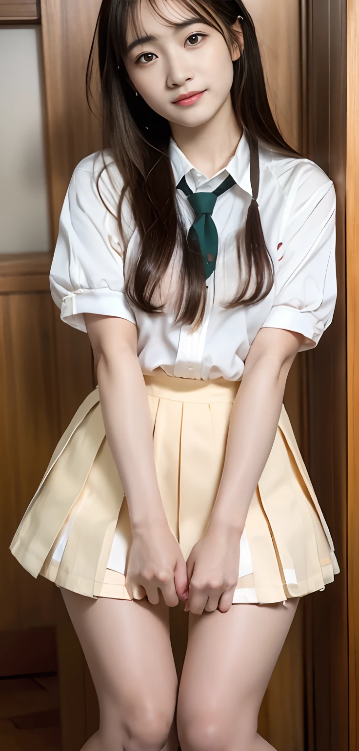 (8KRaw photography、top-quality、masuter piece:1.2)、ultra-detailliert、ultra res、(realisitic、rialistic photo:1.37)、portlate、high-definition RAW color photography、Professional Photography、highly detailed and beautiful、ighly detailed、8KImage wallpaper、amazing detailed、huge filesize、Official art、Highly detailed CG Unity 8KWallpapers of、highly detailed beautiful girl、extra detailed face、extremely detailed eye、highlydetailed skin、extremely detailed fingers、highly detailed nose、very detailed detailed mouth、Perfect Anatomy、细致背景、1人、sixteen years old、10 generations、Cute litRealistic body、de pele branca、glistning skin、Handsome body、A dark-haired、kawaii、kawaii faces、Lifelike face、Delicate eyes、Sauce order、Looking at the camera、front facing、thick thight、Photograph up to the knee、(Highly detailed white skin)、Tecateca、is standing、embarassed face、Excited face、Wearing a nasty tanga、(looking at from the front:1.2)、Show your teeth and smile、Photographing the knee、(Emphasis on the knees:1.2)、((Schoolgirl Uniform))、((Show me your knees:1.71))、(is standing:1.4)