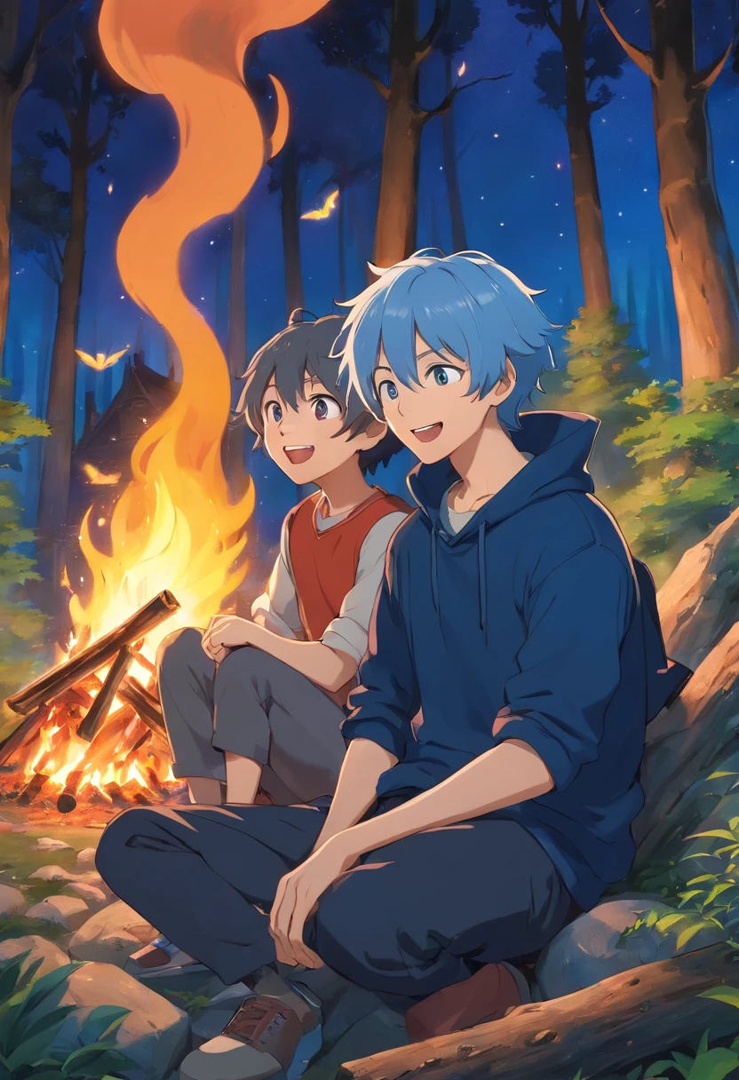 A young man with gray hair and a young man with black skin and blue hair, sitting in front of a bonfire, singing and laughing, with an enchanted cat telling a joke, an enchanted forest at night, magical trees with lights and an enchanted stream in the background. 3d, anime, masterpiece