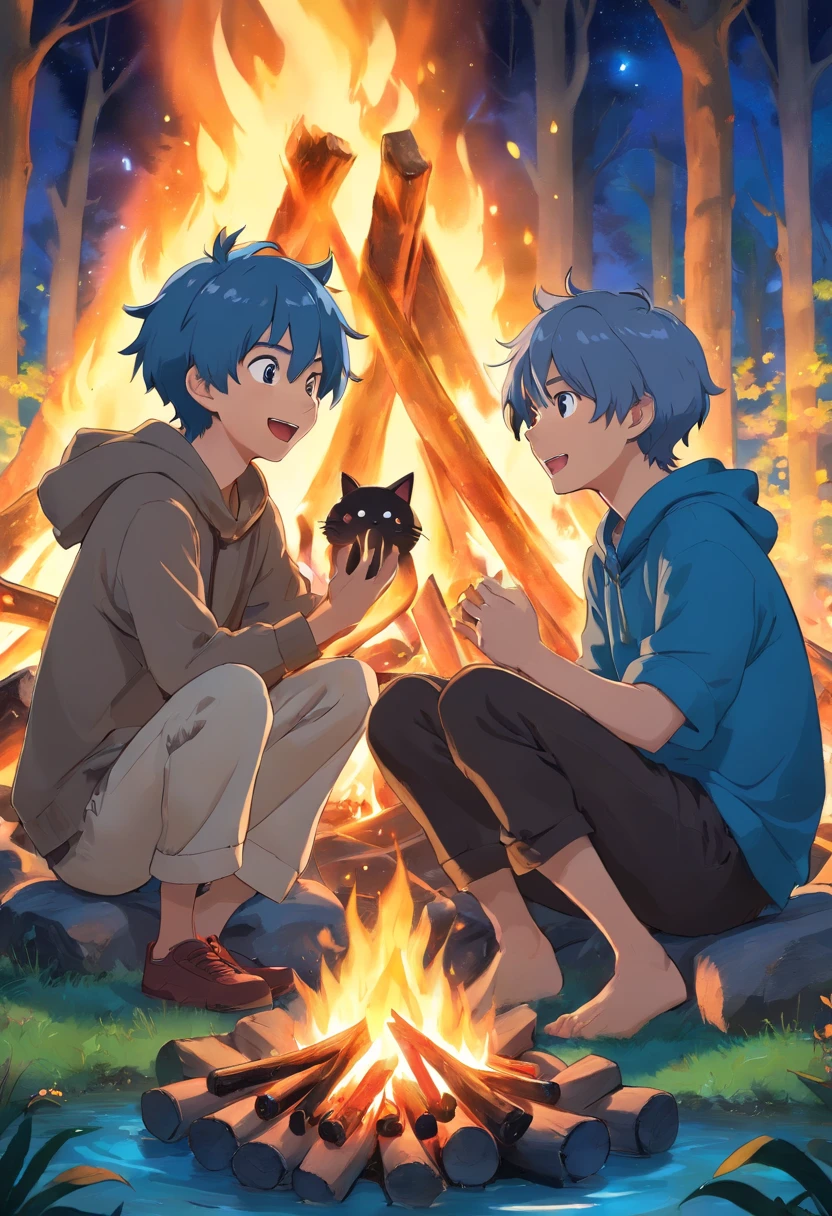 A young man with gray hair and a young man with black skin and blue hair, sitting in front of a bonfire, singing and laughing, with an enchanted cat telling a joke, an enchanted forest at night, magical trees with lights and an enchanted stream in the background. 3d, anime, masterpiece