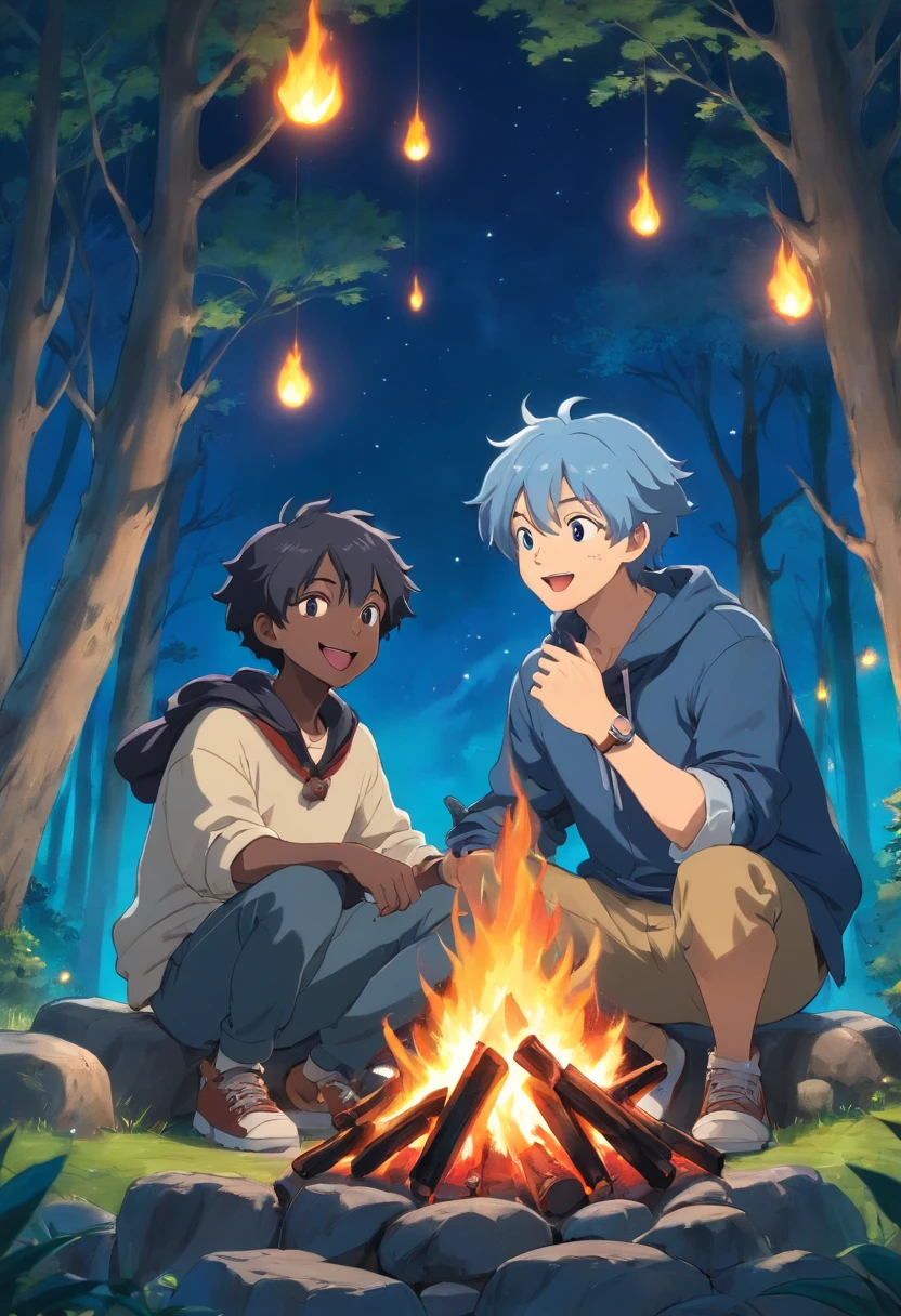 A young man with gray hair and a young man with black skin and blue hair, sitting in front of a bonfire, singing and laughing, with an enchanted cat telling a joke, an enchanted forest at night, magical trees with lights and an enchanted stream in the background. 3d, anime, masterpiece