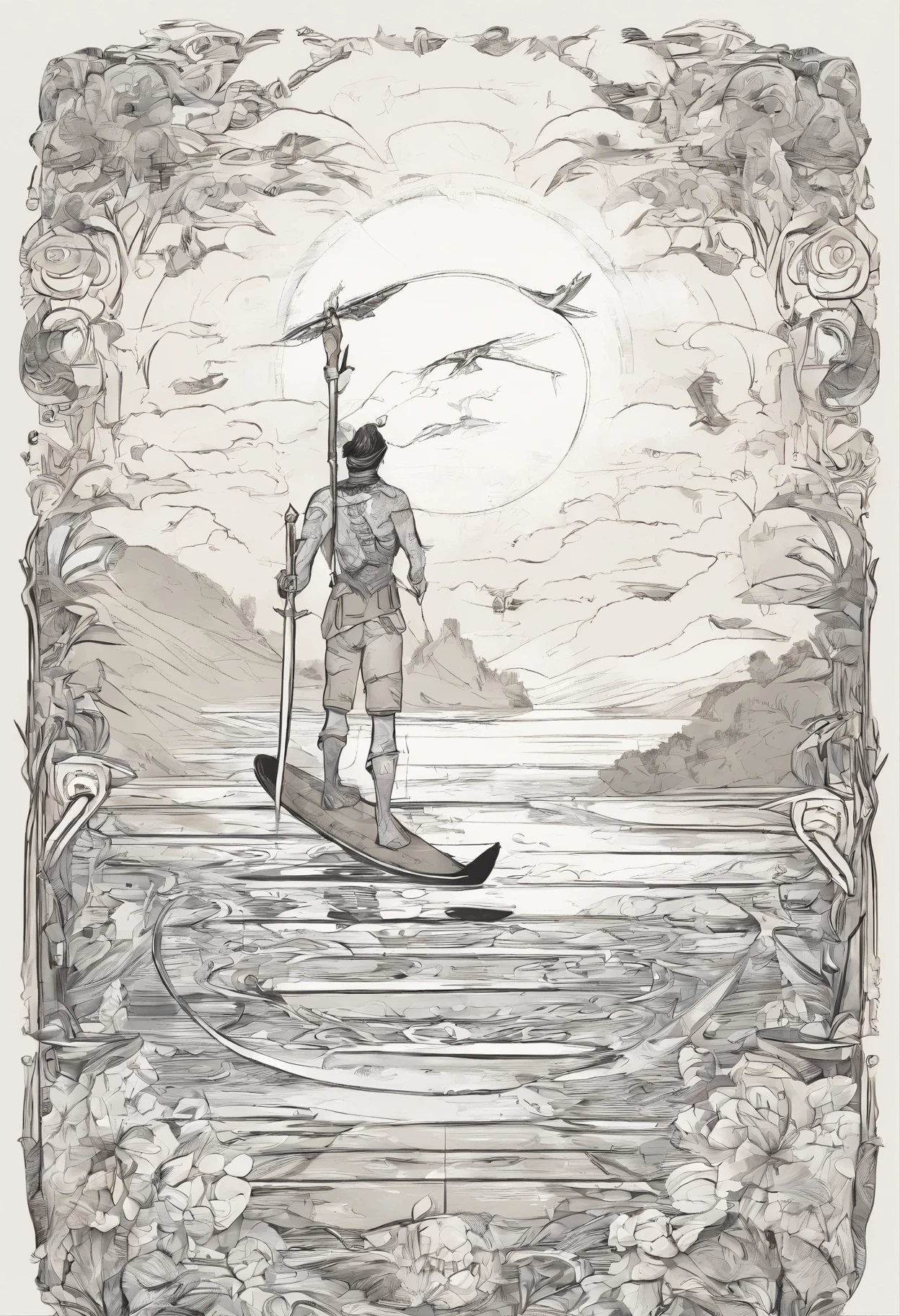 drawing of a man on a surfboard with a sword and a bird, inspired by Wilfredo Lam, inspired by Wifredo Lam, scythe design, unknown artstyle, fantasy scythe, painted in the style arcane, artistic drawing, !!!anthropomorphic!!!, sketchy artstyle, spirit fantasy concept art, amaterasu, with leviathan axe