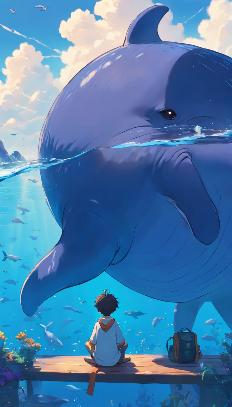 Fantastic atmosphere,A little boy sits on the back of a fat blue whale, Cute whale image, The whale's tail is pointed upwards in the water, Fantastic sea,the sea, stereograms, High quality, Masterpiece,Whales swim like you