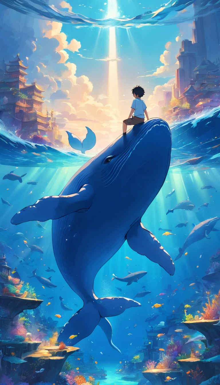 Fantastic atmosphere，A little boy sits on the back of a fat blue whale, Cute whale image, The whale's tail is pointed upwards in the water, Fantastic sea，the sea, stereograms, High quality, Masterpiece，Whales swim like you