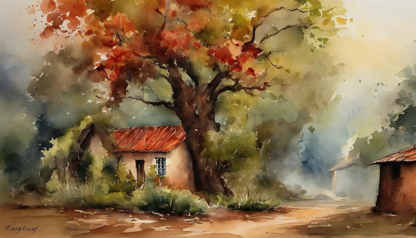 Former residential area,Red brick building,Large banyan tree,Limpe o pavimento,fallen-leaves,outonal,in the early morning,Tom amarelo claro,super-fino,Cuidadosamente retratado,alta qulidade,8k,