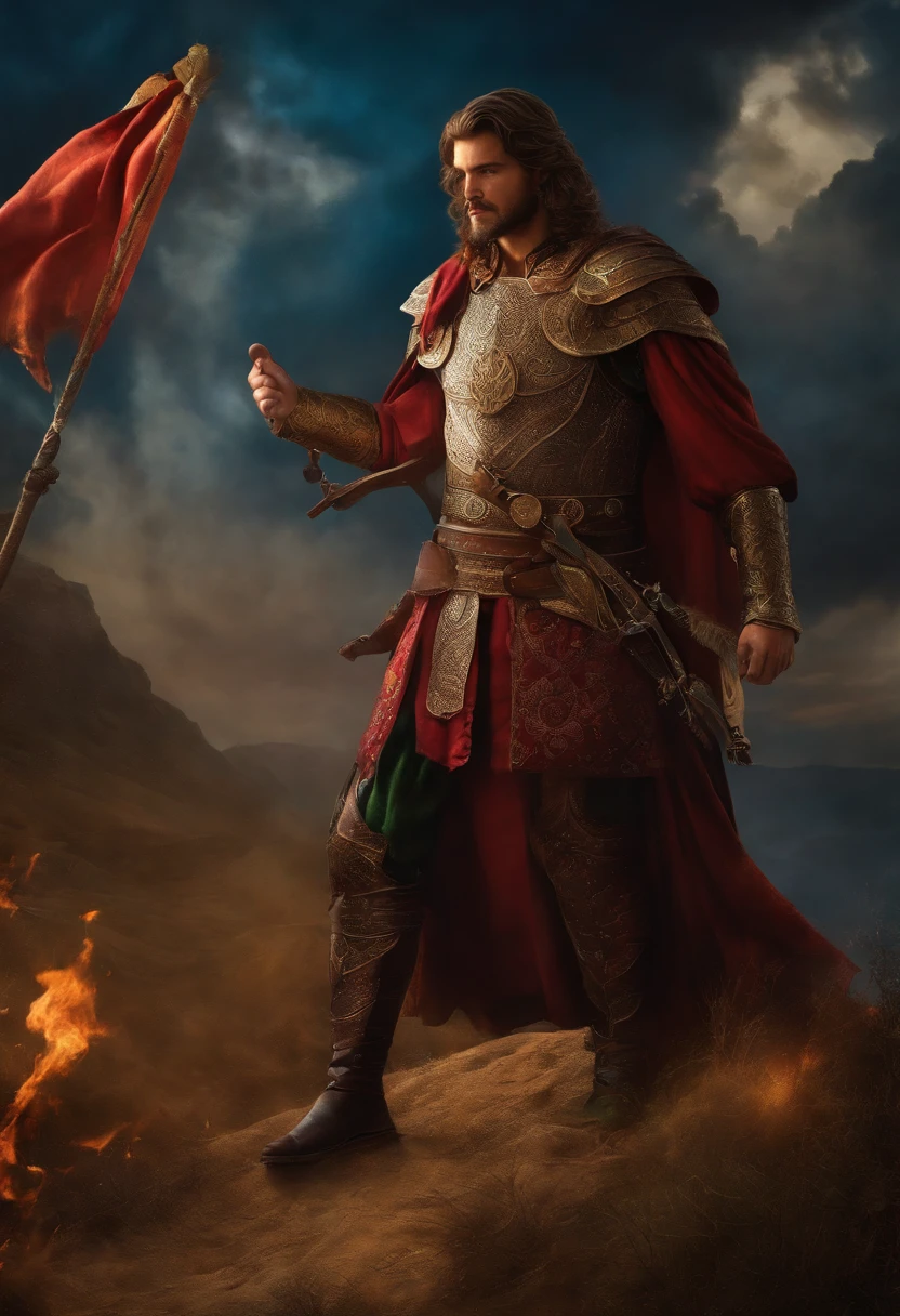 tretato homem velho, heroi, macho, epico bonito, principee, mago, armadura magiica, pintura 3d,