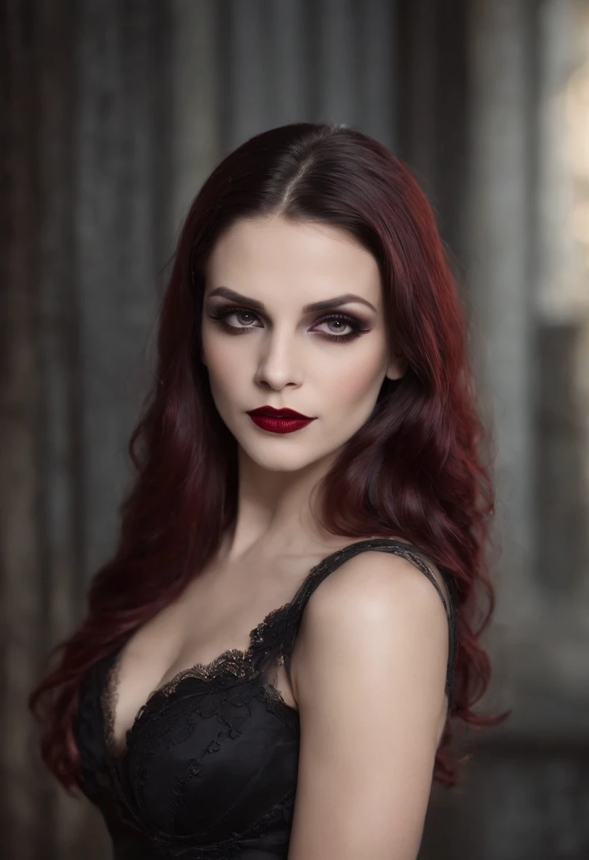 mulher com cabelo preto e batom vermelho posando para uma foto, beautiful scary female vampire, Retrato do vampiro bonito, beautiful female vampire, rainha feminina vampira bonita, vampiro mulher, Retrato de uma senhora vampira, rainha vampira bonita, female vampire, Carmilla Vampiro,  vampiro, vampiro assustador, retrato do vampiro, moda vampiro, com presas, presas de vampiro, vestido longo