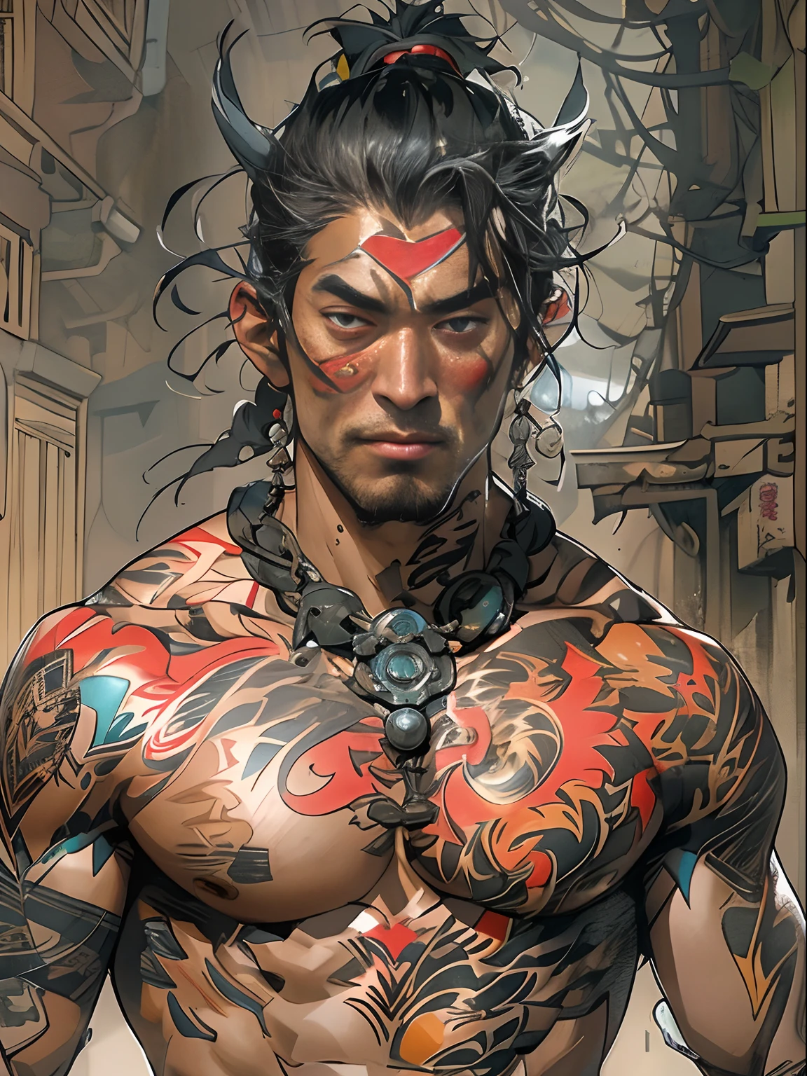 (((mtu))), (((best qualityer))), (((tmasterpiece))), (((AS-Adult))), ((( Japanese ))), Look up from your knees, Handsome Asian samurai,perfect body figure, Modern samurai, ((( Asian))), Wear gloves on your hands,The left arm is made of steel and metal tips,Made of protective devices, The eyes are pulled, (( Appears below the chest )), (( Small dental floss )), Simon Bisley, Almost naked(Simon Bisley)Castle City Wilderness,For high-resolution posters, hair straight, Minimum clothing, armure (Crazy clothes ), Full of tips and rivets, tribal tattoos, (((full bodyesbian))), Straight brunette hair,Colored hair ends