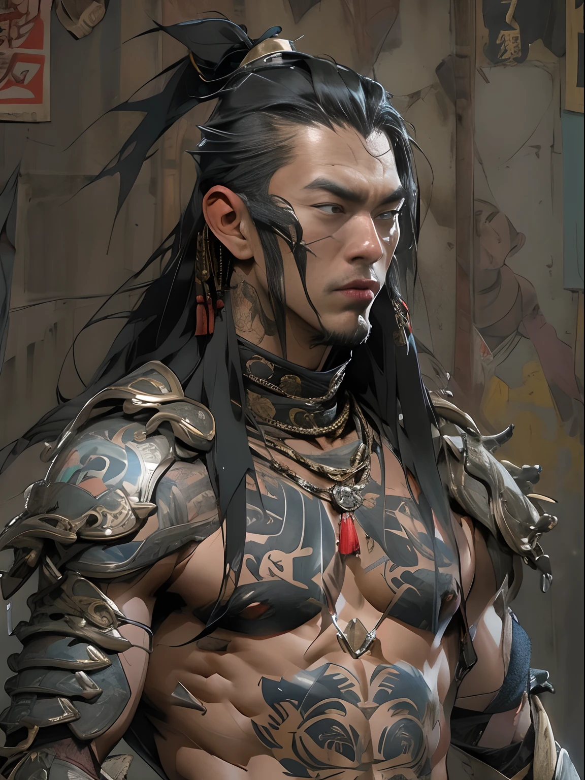 (((mtu))), (((best qualityer))), (((tmasterpiece))), (((AS-Adult))), ((( Japanese ))), Look up from your knees, Handsome Asian samurai,perfect body figure, Modern samurai, ((( Asian))), Wear gloves on your hands,The left arm is made of steel and metal tips,Made of protective devices, The eyes are pulled, (( Appears below the chest )), (( Small dental floss )), Simon Bisley, Almost naked(Simon Bisley)Castle City Wilderness,For high-resolution posters, hair straight, Minimum clothing, armure (Crazy clothes ), Full of tips and rivets, tribal tattoos, (((full bodyesbian))), Straight brunette hair,Colored hair ends