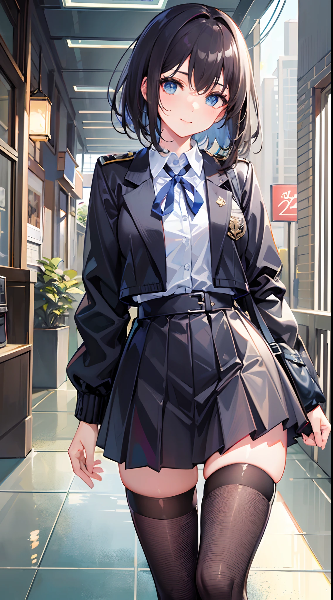 ((top-quality)), ((tmasterpiece)), ((ultra - detailed)), (Extremely Delicately Beautiful), Girl vs, 独奏, Cold attitude,((Black jacket)),She is very(Relax)with  the(settle down)looks,brunette color hair, depth of fields,ssmile,bright light blue eyes,inner colored，Black hair and light blue ends,Cold background,Bob Hair - Linear Art,black pantyhoses、A white uniform like a school uniform、Light blue ribbon ties