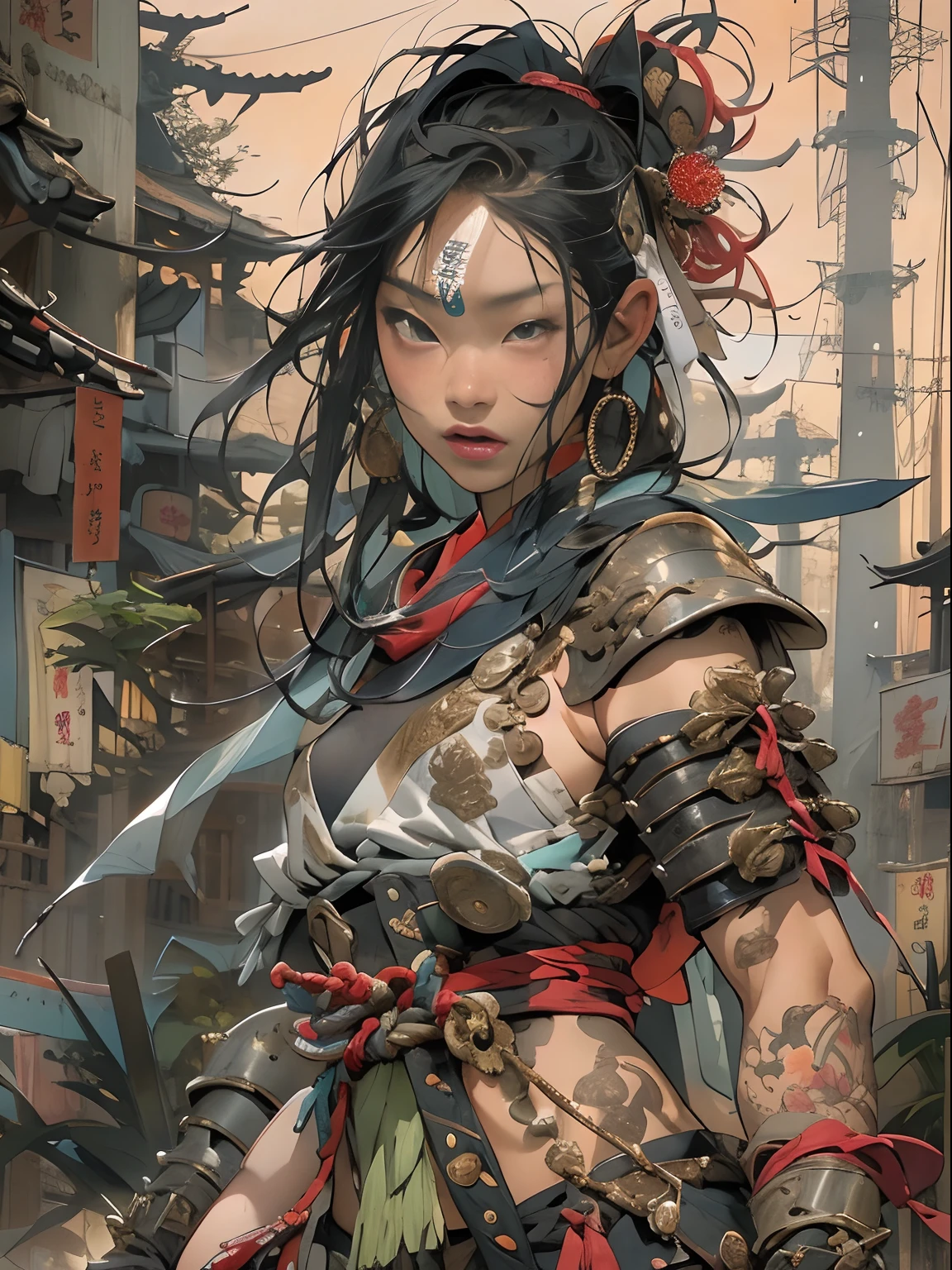 (((mtu))), (((best qualityer))), (((tmasterpiece))), (((AS-Adult))), ((( Japanese ))), Look up from your knees, Handsome Asian samurai,perfect body figure, Modern samurai, ((( Asian))), Wear gloves on your hands,The left arm is made of steel and metal tips,Made of protective devices, The eyes are pulled, (( Appears below the chest )), (( Small dental floss )), Simon Bisley, Almost naked(Simon Bisley)Castle City Wilderness,For high-resolution posters, hair straight, Minimum clothing, armure (Crazy clothes ), Full of tips and rivets, tribal tattoos, (((full bodyesbian))), Straight brunette hair,Colored hair ends