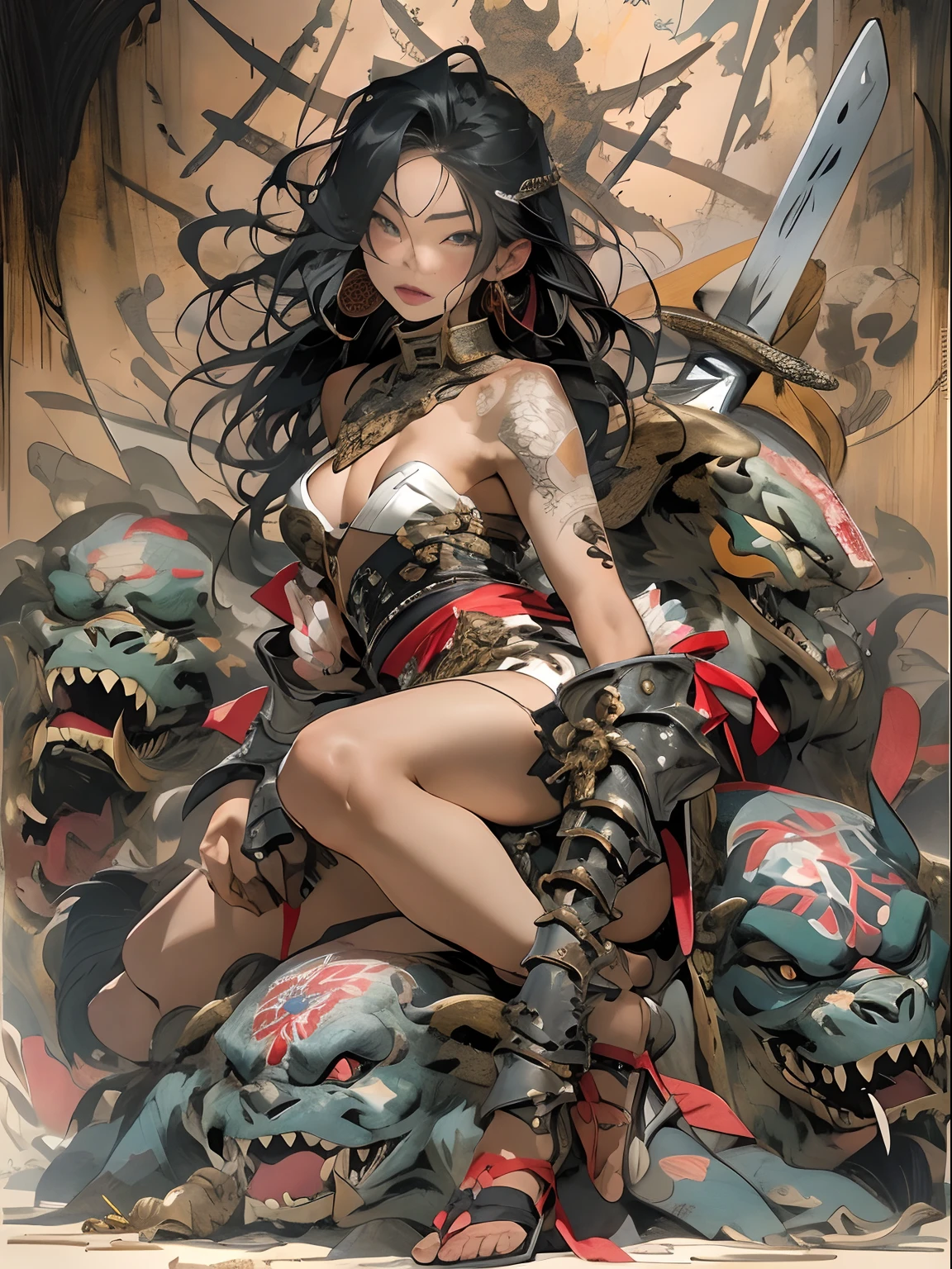 (((woman))), (((best qualityer))), (((tmasterpiece))), (((AS-Adult))), ((( Japanese ))), Look up from your knees, A beautiful asian samurai woman with perfect body, Modern samurai, ((( Asian))), Wear gloves on your hands,The left arm is made of steel and metal tips,Made of protective devices, The eyes are pulled, (( Appears below the breast )), (( Small dental floss )), Simon Bisley, Almost naked(Simon Bisley)Castle City Wilderness,For high-resolution posters, hair straight, Minimum clothing, armure (Crazy clothes ), Full of tips and rivets, tribal tattoos, (((full bodyesbian))), Straight brunette hair,Colored hair ends