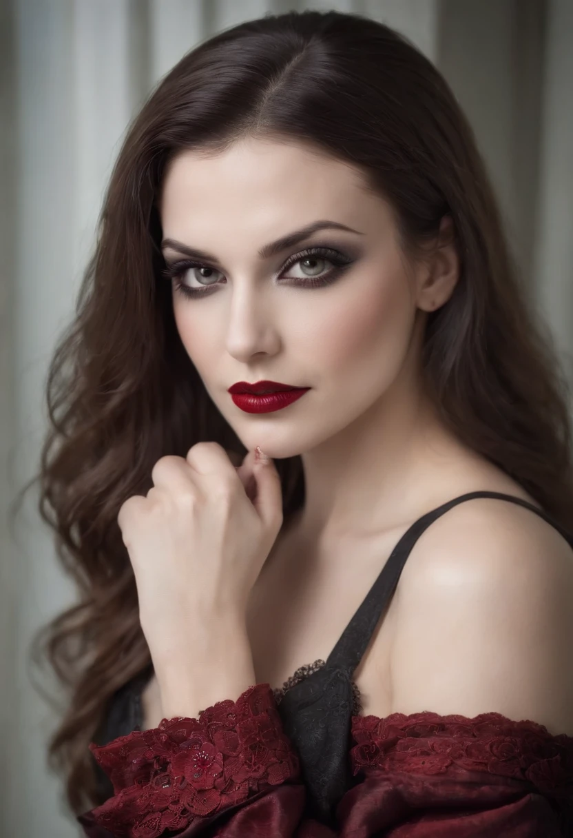 mulher com cabelo preto e batom vermelho posando para uma foto, beautiful scary female vampire, Retrato do vampiro bonito, beautiful female vampire, rainha feminina vampira bonita, vampiro mulher, Retrato de uma senhora vampira, rainha vampira bonita, female vampire, Carmilla Vampiro, menina vampiro, vampiro assustador, retrato do vampiro, moda vampiro, com presas, presas de vampiro, vestido longo, foto de corpo inteiro, pose de corpo inteiro, dentes de vampiro