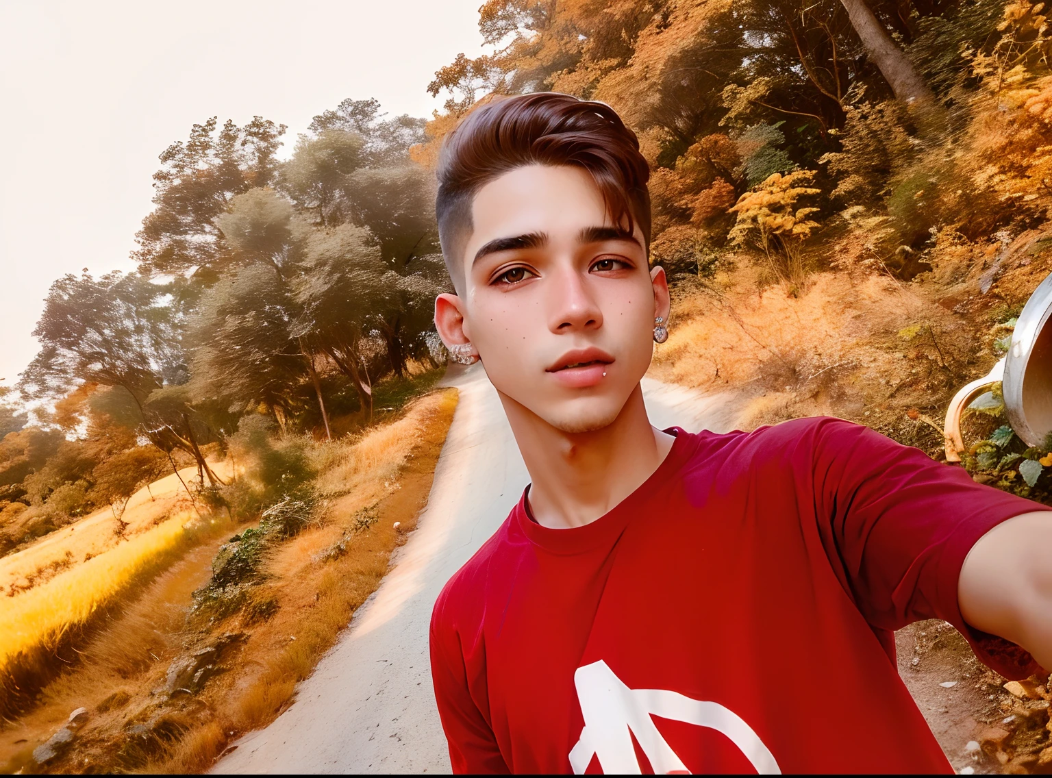 Crie uma foto de um garoto de moreno com cabelo curto cacheado e piercing na sombrancelha e na orelha