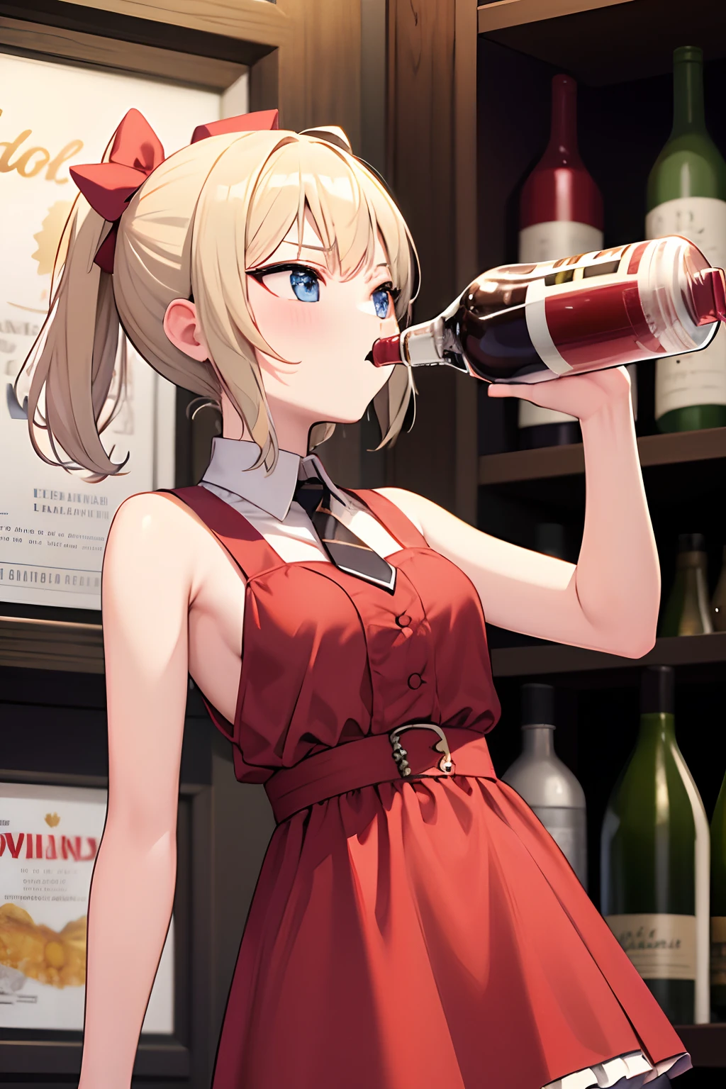 Wild Chugging, water bottle, alcohol, wine bottle, 1girl, solo, cute girl, Wild cloth, masterpiece, ultra detail, best Quality,