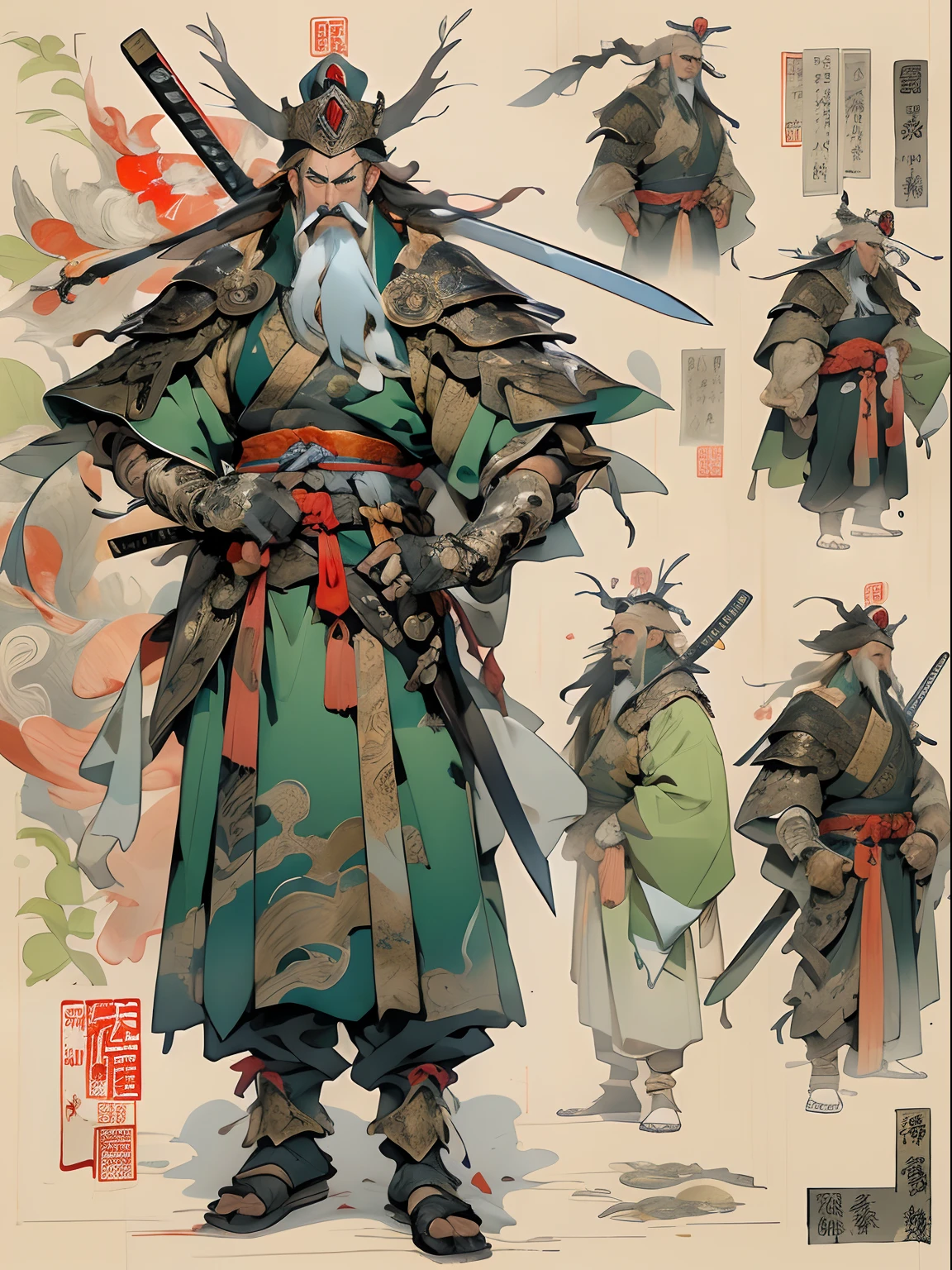 (((China-style,Ink painting method,Half-length portrait,Intense color,Han dynasty, China,Hanfu,Armor,Guan yu,Guan Yunchang,of a guy,Ruddy killing square face,Hold the Blue Dragon Moon Knife in his right hand,Stroke your beard with your left hand,Long hair,petty eyes,Green robe))), (((best qualityer))), (((tmasterpiece))), (((AS-Adult))), ((( Japanese ))), Look up from your knees, Handsome Asian samurai,perfect body figure, Modern samurai, ((( Asian))), Wear gloves on your hands,The left arm is made of steel and metal tips,Made of protective devices, The eyes are pulled, (( Appears below the chest )), (( Small dental floss )), Simon Bisley, Almost naked(Simon Bisley)Castle City Wilderness,For high-resolution posters, hair straight, Minimum clothing, armure (Crazy clothes ), Full of tips and rivets, tribal tattoos, (((full bodyesbian))), Straight brunette hair,Colored hair ends