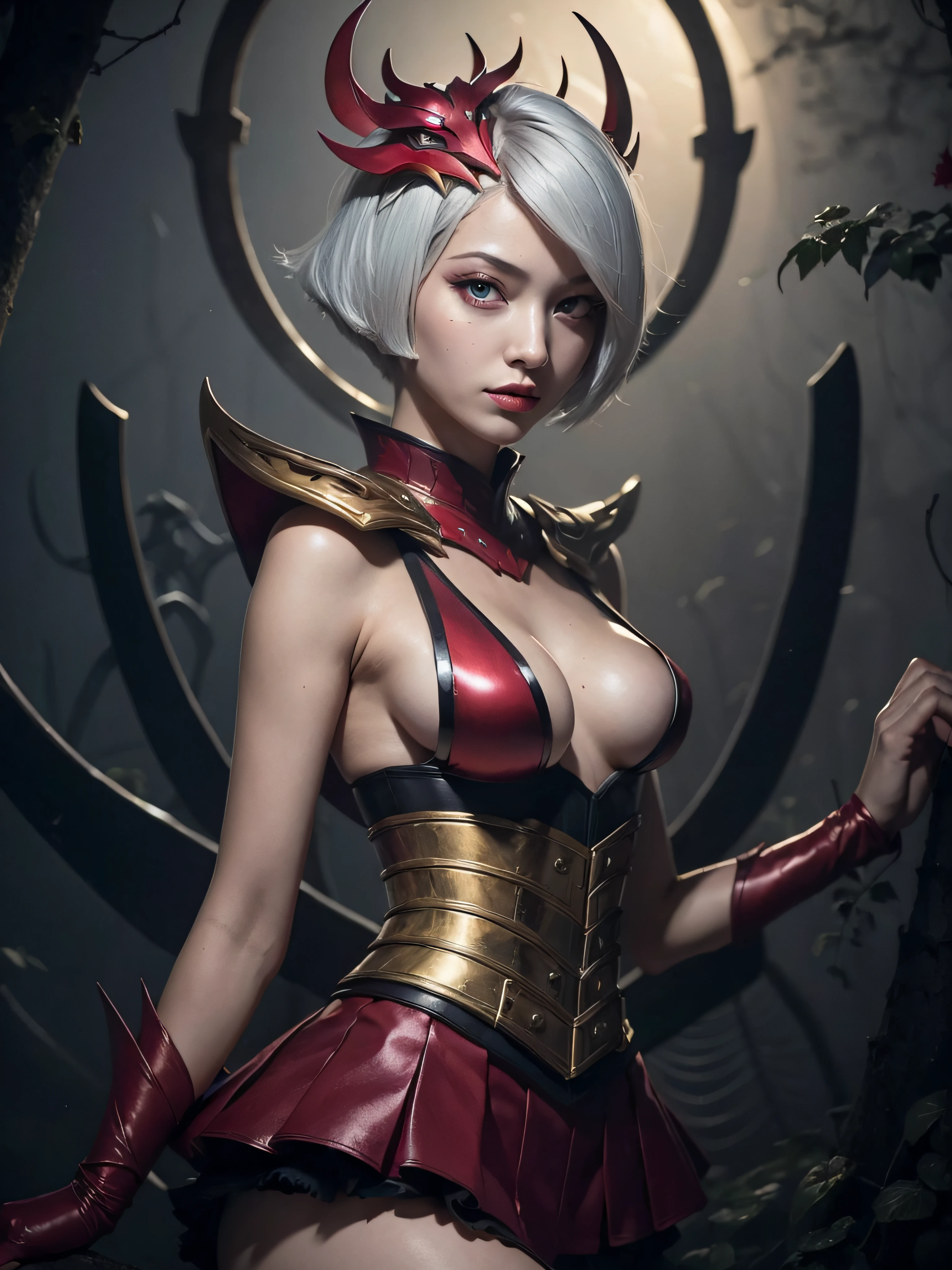 (Masterpiece:1.4), (best quality:1.2),  blood moon elise, 1girl, spider girl, short dress, corset, mask on head, short hair, large breasts, white hair, red moon, spider web, upper body,