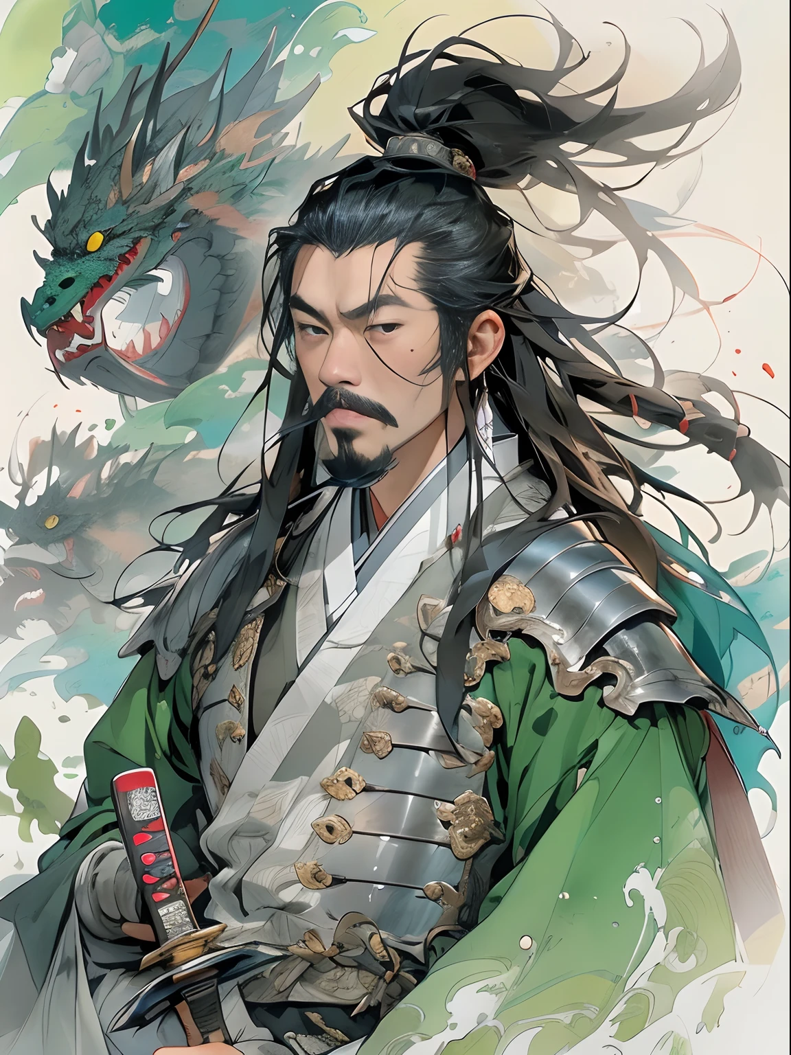 (((China-style,Ink painting method,Half-length portrait,Intense color,Han dynasty, China,Hanfu,Armor,Guan yu,Guan Yunchang,of a guy,Ruddy killing square face,Hold the Blue Dragon Moon Knife in his right hand,Stroke your beard with your left hand,Long hair,petty eyes,Green robe))), (((best qualityer))), (((tmasterpiece))), (((AS-Adult))), ((( Japanese ))), Look up from your knees, Handsome Asian samurai,perfect body figure, Modern samurai, ((( Asian))), Wear gloves on your hands,The left arm is made of steel and metal tips,Made of protective devices, The eyes are pulled, (( Appears below the chest )), (( Small dental floss )), Simon Bisley, Almost naked(Simon Bisley)Castle City Wilderness,For high-resolution posters, hair straight, Minimum clothing, armure (Crazy clothes ), Full of tips and rivets, tribal tattoos, (((full bodyesbian))), Straight brunette hair,Colored hair ends