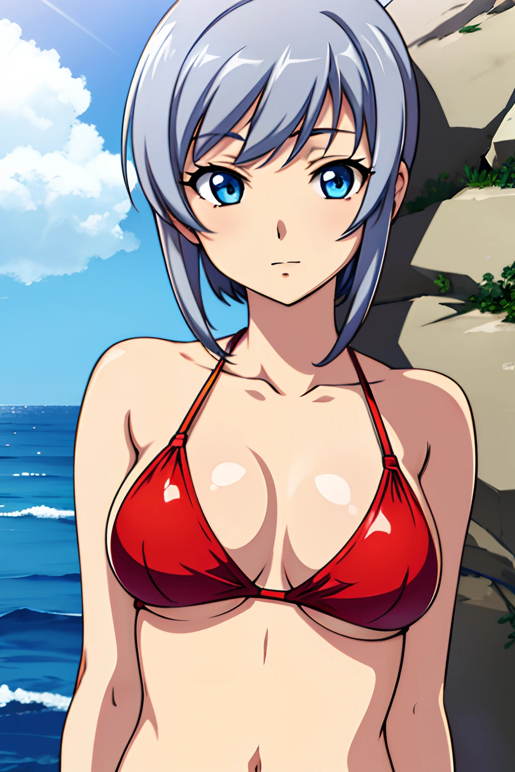 1girl in, irina_Enomoto, Sea, Red bikini, Short hair, Silver hair, Bangs, Blue eyes, Solo, Solo Focus, female focus, Upper body,