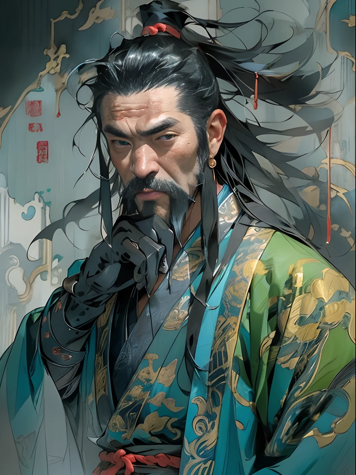 (((China-style,Ink painting method,Half-length portrait,Intense color,Han dynasty, China,Hanfu,Armor,Guan yu,Guan Yunchang,of a guy,Ruddy killing square face,Hold the Blue Dragon Moon Knife in his right hand,Stroke your beard with your left hand,Long hair,petty eyes,Green robe))), (((best qualityer))), (((tmasterpiece))), (((AS-Adult))), ((( Japanese ))), Look up from your knees, Handsome Asian samurai,perfect body figure, Modern samurai, ((( Asian))), Wear gloves on your hands,The left arm is made of steel and metal tips,Made of protective devices, The eyes are pulled, (( Appears below the chest )), (( Small dental floss )), Simon Bisley, Almost naked(Simon Bisley)Castle City Wilderness,For high-resolution posters, hair straight, Minimum clothing, armure (Crazy clothes ), Full of tips and rivets, tribal tattoos, (((full bodyesbian))), Straight brunette hair,Colored hair ends