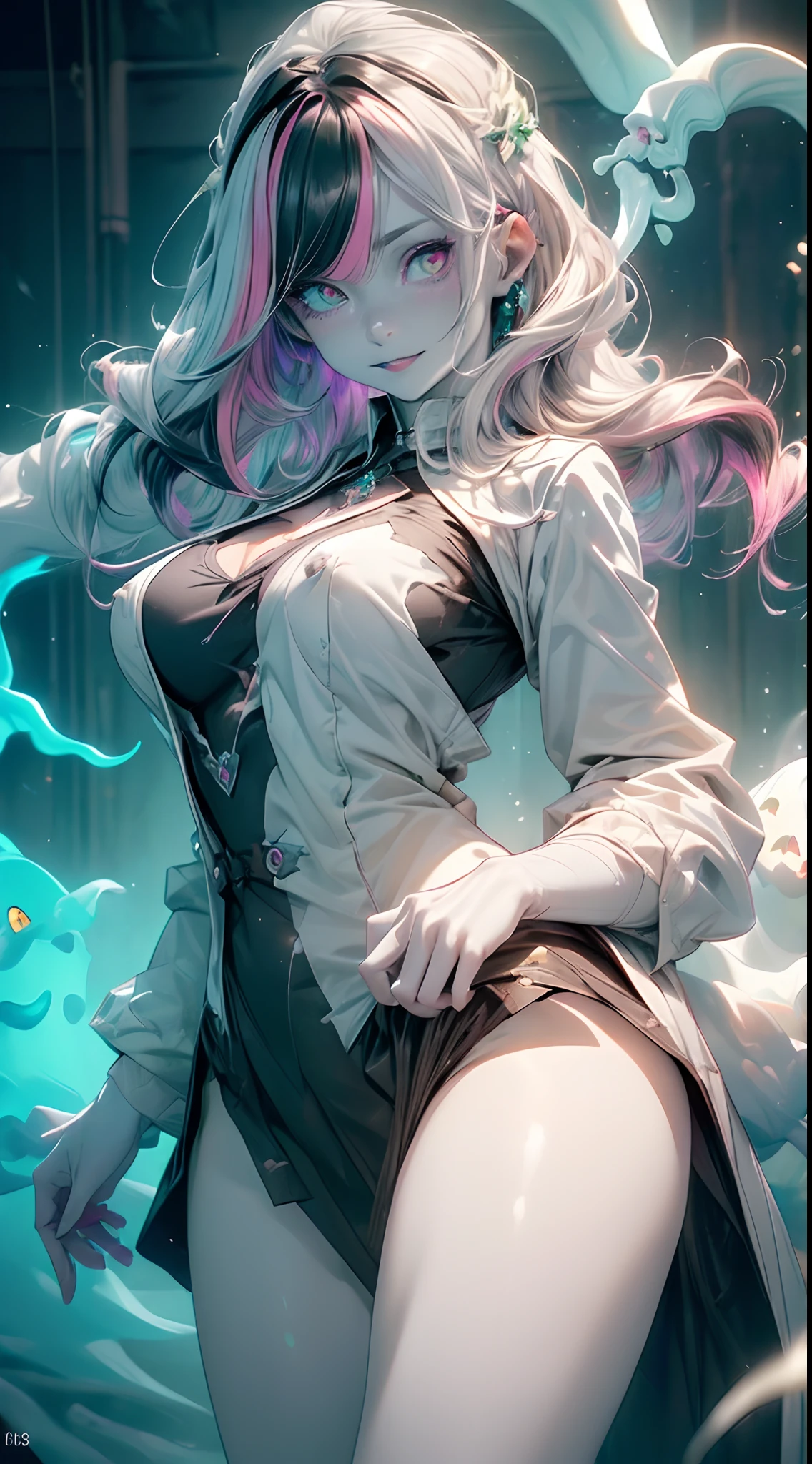 (ghosty:1.85) (doctor:1.5) (nurse:0.4) girl, (white doctor coat:1.4), (spirit, spiritual:1.2), 1girl, perfect and well designed glowing shiny eyes, (beautiful detailed eyes:1.05), natural medium breasts, slim body, beautiful and delicate cute face, (face detail), ((realistic face)), pores, ((pale grey skin)), detailed skin, realistic skin, (((bioluminescence))), ((shiny skin)), (multicolored gradation skin), (monster girl:1.25), human face, medium length hair, hair voluminous, (((((multicolored gradation hair))))), (dark-haired:1.65), super high resolution, 8k, parameters Best quality, (masterpiece:1.4), (magic accessories:1.4), bracelets, extremely detailed thick tight ((white:1.5), (green:1.2), (pink:0.5)) (medical uniform:1.2), (shirt:1.4), skirt, (standing nipples under cloth:1.2), (neckline:1.3), (cleavage:1.1), (decolette:1.15), Young Girl, Little Beast, (Smile:0.9), (pale Skin:1.85), ultra detailed, photorealistic, ((Real image)), (best quality:1.4), super high resolution, (Realistic 2.0), More details, (((1girl))), {(medical ward:1.2)|(doctor office:1.2)}, (beautiful and aesthetic:1.2), (fractal art:1.4), (cinematic light:1.1), (close DUTCH ANGLE:1.2), 16K, HDR, RTX, Ray Tracing, Radiosity, Anisotropic Filtering, Subsurface Scattering, (((magic lights))), metallic reflections, Detailed, Realistic, 4k highly detailed digital art, (cool_color), extremely detailed CG unity 8k wallpaper, vibrant colors, (seductive pose:1.6)