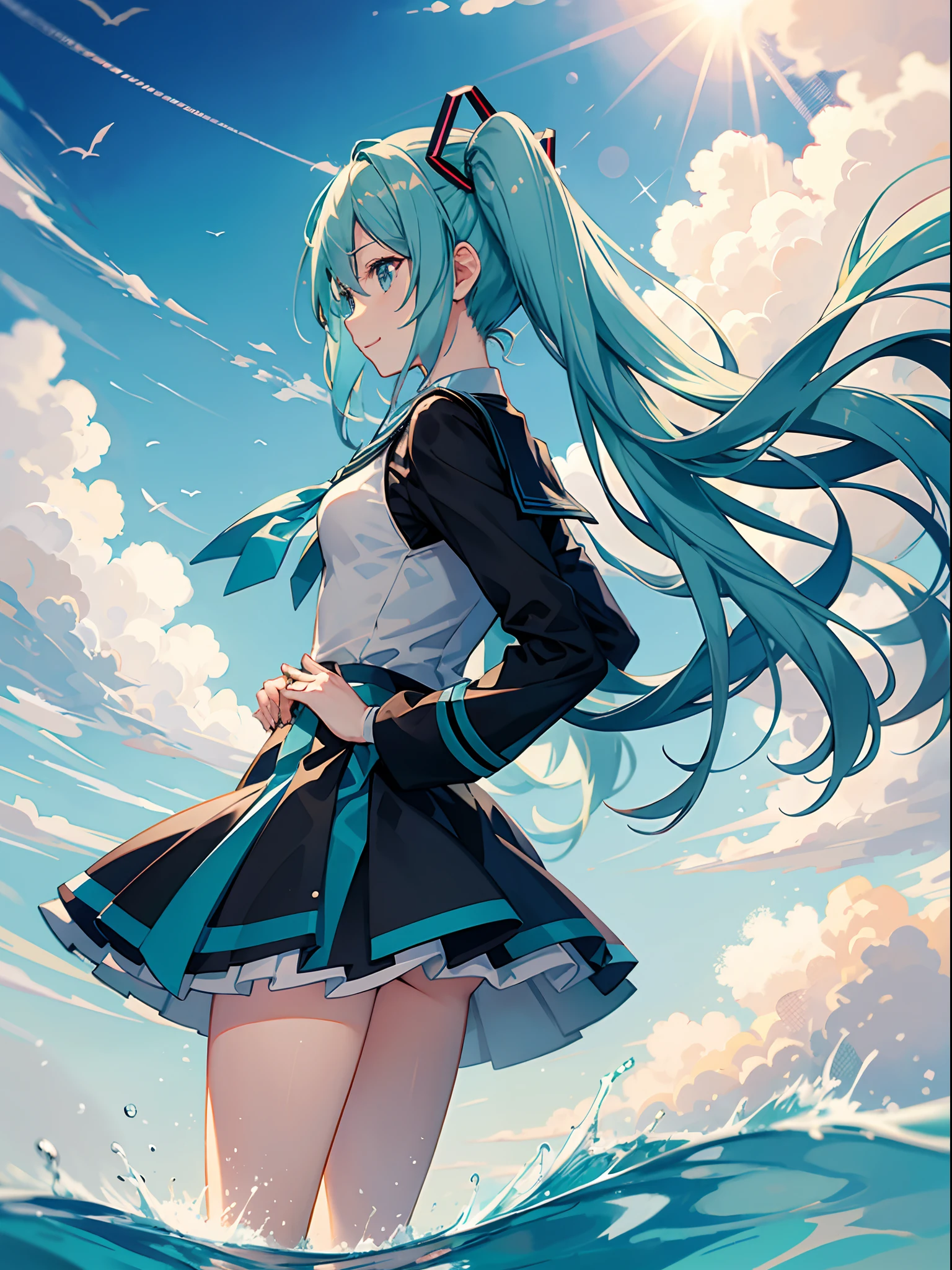 Hatsunemiku、Uniform,、On the way back、incline、Profile、Sorrisos、Sailor Outfit、look back、Fold your hands behind your back