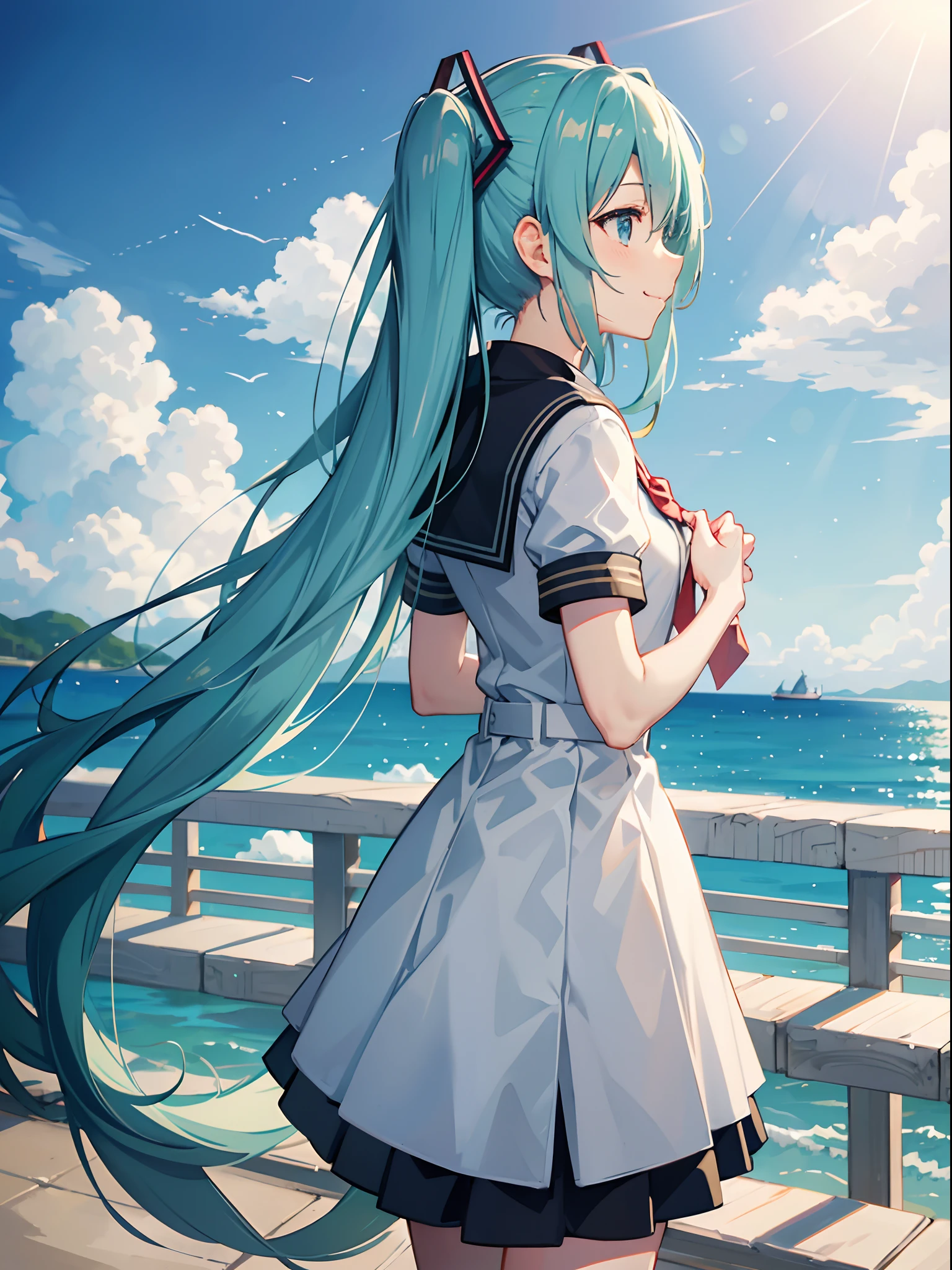 Hatsunemiku、Uniform,、On the way back、incline、Profile、Sorrisos、Sailor Outfit、look back、Fold your hands behind your back