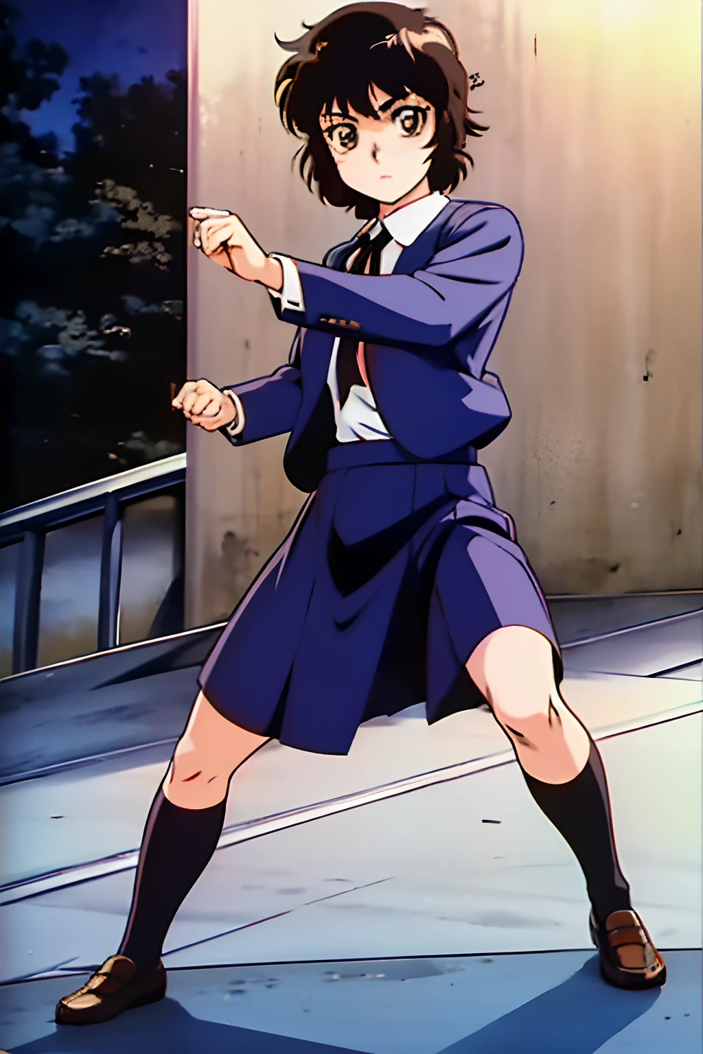 1girl, takayanagi_ryoko, short hair, dark-brown hair, brown eyes, school uniform, white socks, brown loafer, fighting stance, School route at night, ((looking at viewer)),