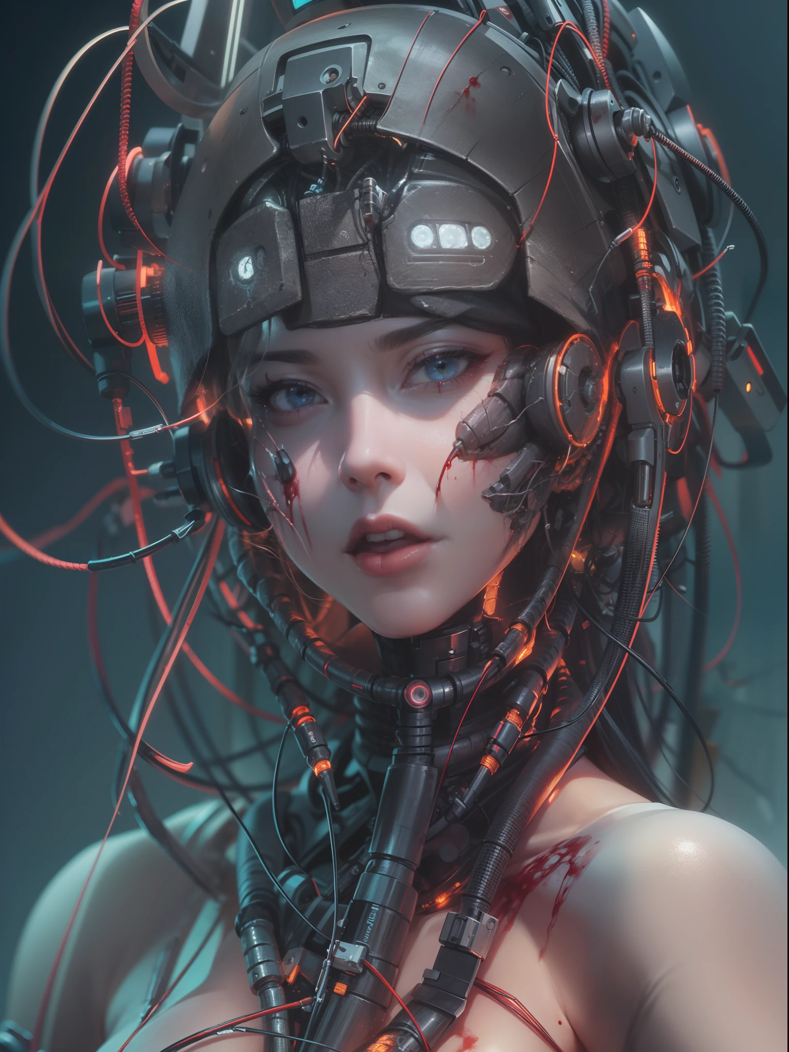 ((close up portrait of beautiful cybernetic girl)), ((mechanical limbs)), (blood vessels connected to tubes), (mechanical vertebrae), ((mechanical cervical attaching to neck)), (wires and cables attaching to neck:1.2), ((mass of wires and cables on head)),  (character focus), (masterpiece), (((best quality))), ((ultra-detailed)), (highly detailed photorealistic CG illustration), cinematic lighting, science fiction, extremely detailed,colorful,highest detail, cyberpunk city background.