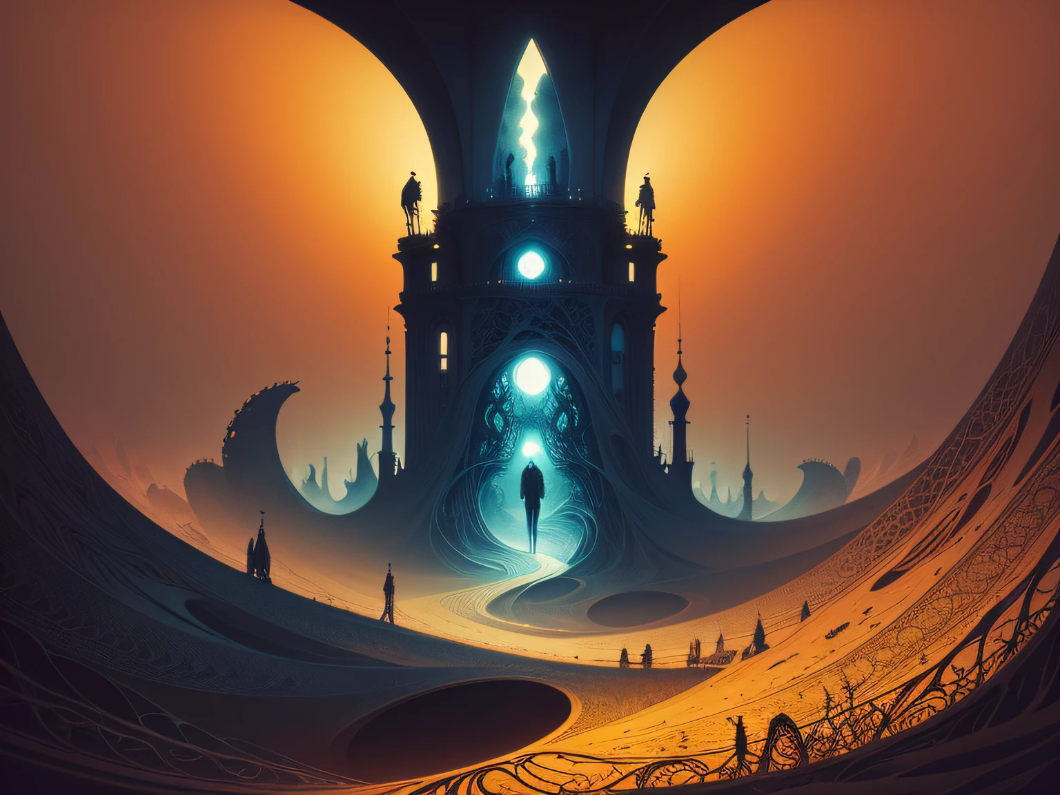 minimalistic landscape, heaven, burgundi color, orange color, MC Escher, Daniel Merriam, H. R. Giger, Harry Clarke, Joe Fenton, Lotte Reiniger, surreal scenery, dream-like, abstract shapes, ethereal atmosphere, intricate details, geometric forms, contrasting tones, smooth gradients, organic patterns
