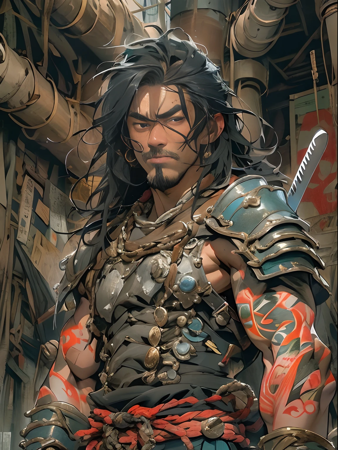 (((mtu))), (((best qualityer))), (((tmasterpiece))), (((AS-Adult))), ((( Japanese ))), Look up from your knees, Handsome Asian samurai,perfect body figure, Modern samurai, ((( Asian))), Wear gloves on your hands,The left arm is made of steel and metal tips,Made of protective devices, The eyes are pulled, (( Appears below the chest )), (( Small dental floss )), Simon Bisley, Almost naked(Simon Bisley)Castle City Wilderness,For high-resolution posters, hair straight, Minimum clothing, armure (Crazy clothes ), Full of tips and rivets, tribal tattoos, (((full bodyesbian))), Straight brunette hair,Colored hair ends