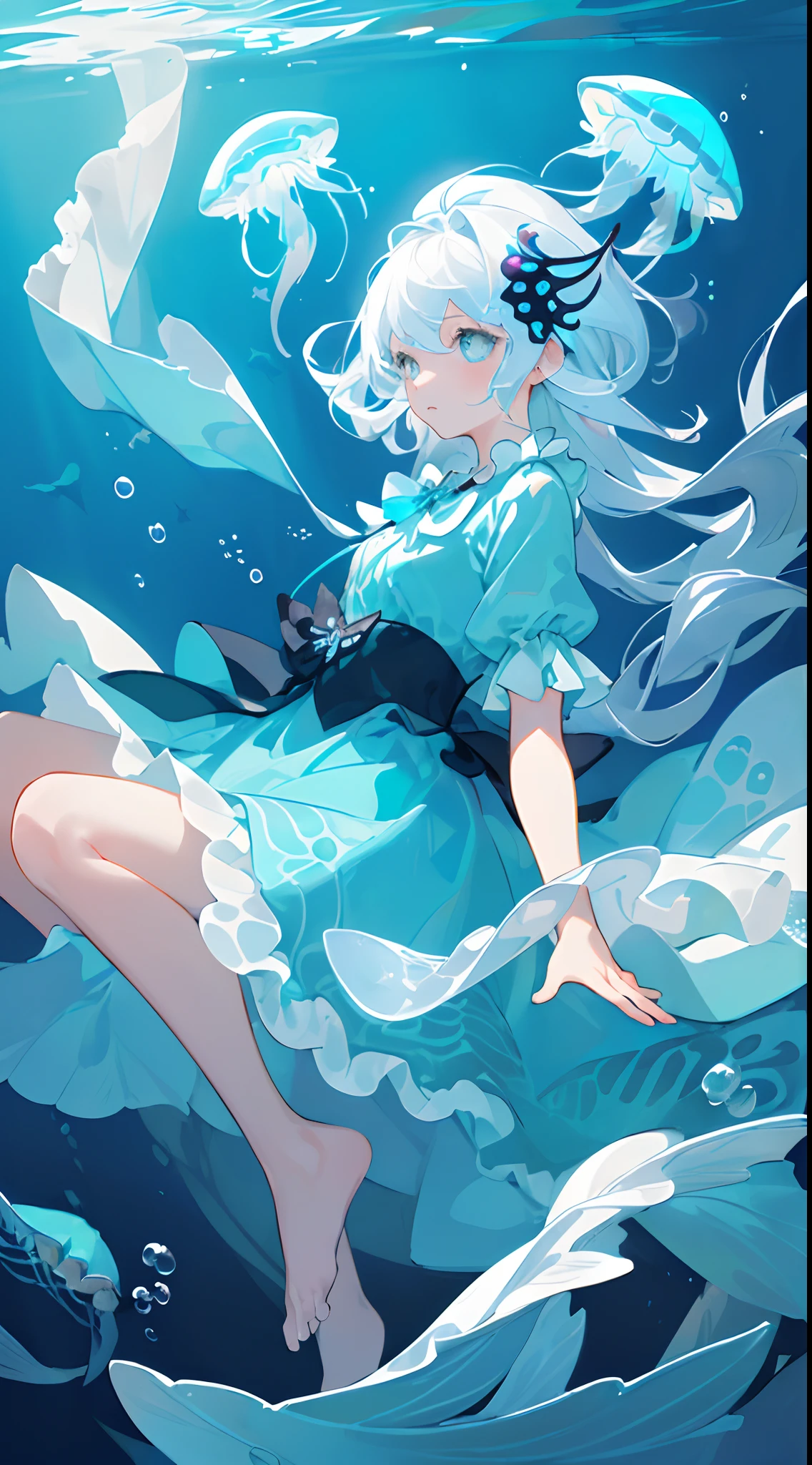 A woman in a blue dress is floating in the water - SeaArt AI