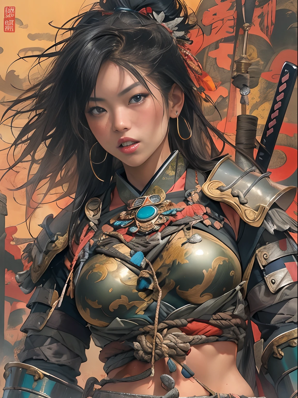 (((woman))), (((best qualityer))), (((tmasterpiece))), (((AS-Adult))), ((( Japanese ))), Look up from your knees, A beautiful asian samurai woman with perfect body, Modern samurai, ((( Asian))), Wear gloves on your hands,The left arm is made of steel and metal tips,Made of protective devices, The eyes are pulled, (( Appears below the breast )), (( Small dental floss )), Simon Bisley, Almost naked(Simon Bisley)Castle City Wilderness,For high-resolution posters, hair straight, Minimum clothing, armure (Crazy clothes ), Full of tips and rivets, tribal tattoos, (((full bodyesbian))), Straight brunette hair,Colored hair ends