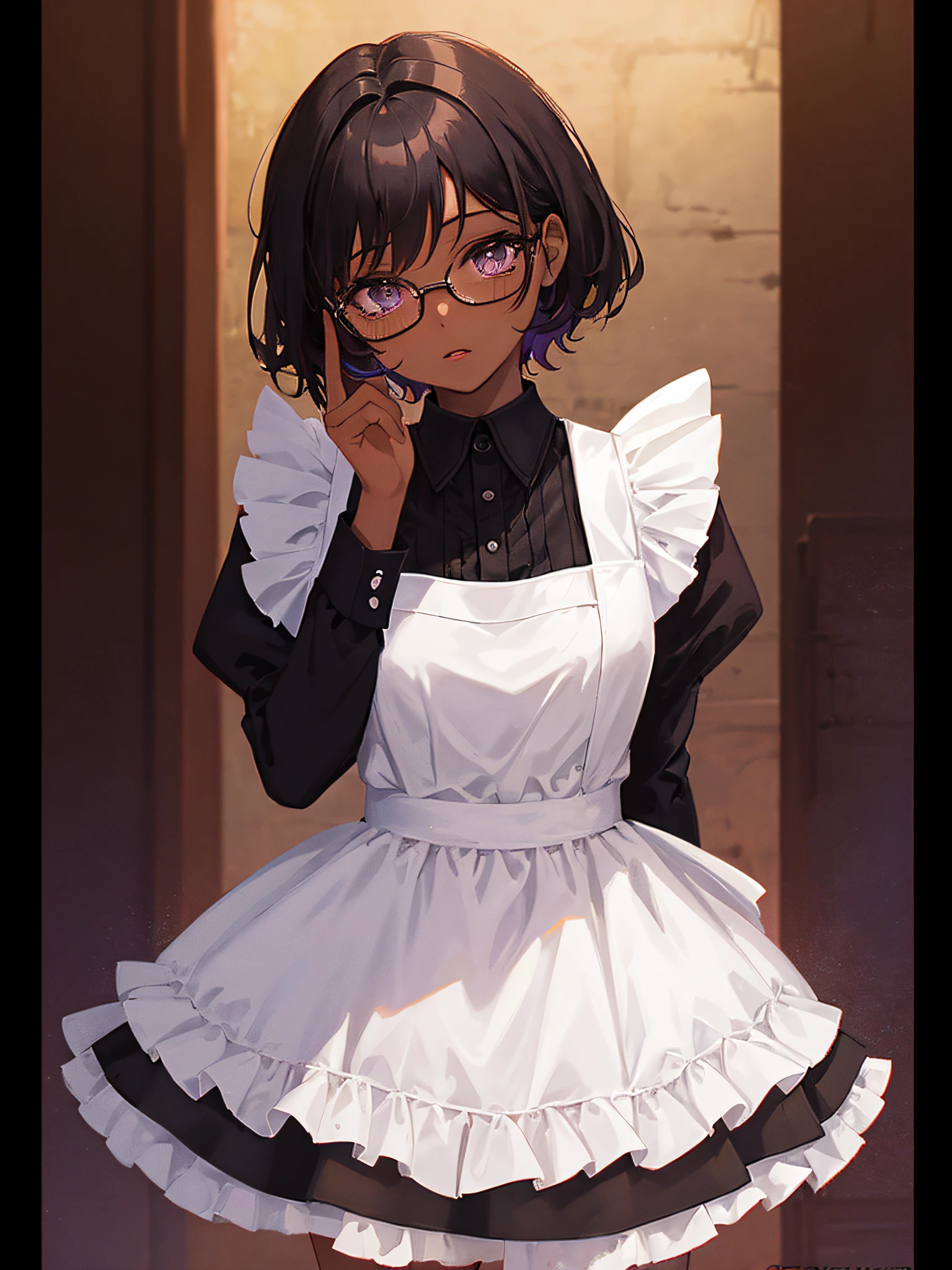 1woman, dark skin female, French maid, short hair, black hair, purple eyes, glasses, hands hidden behind back