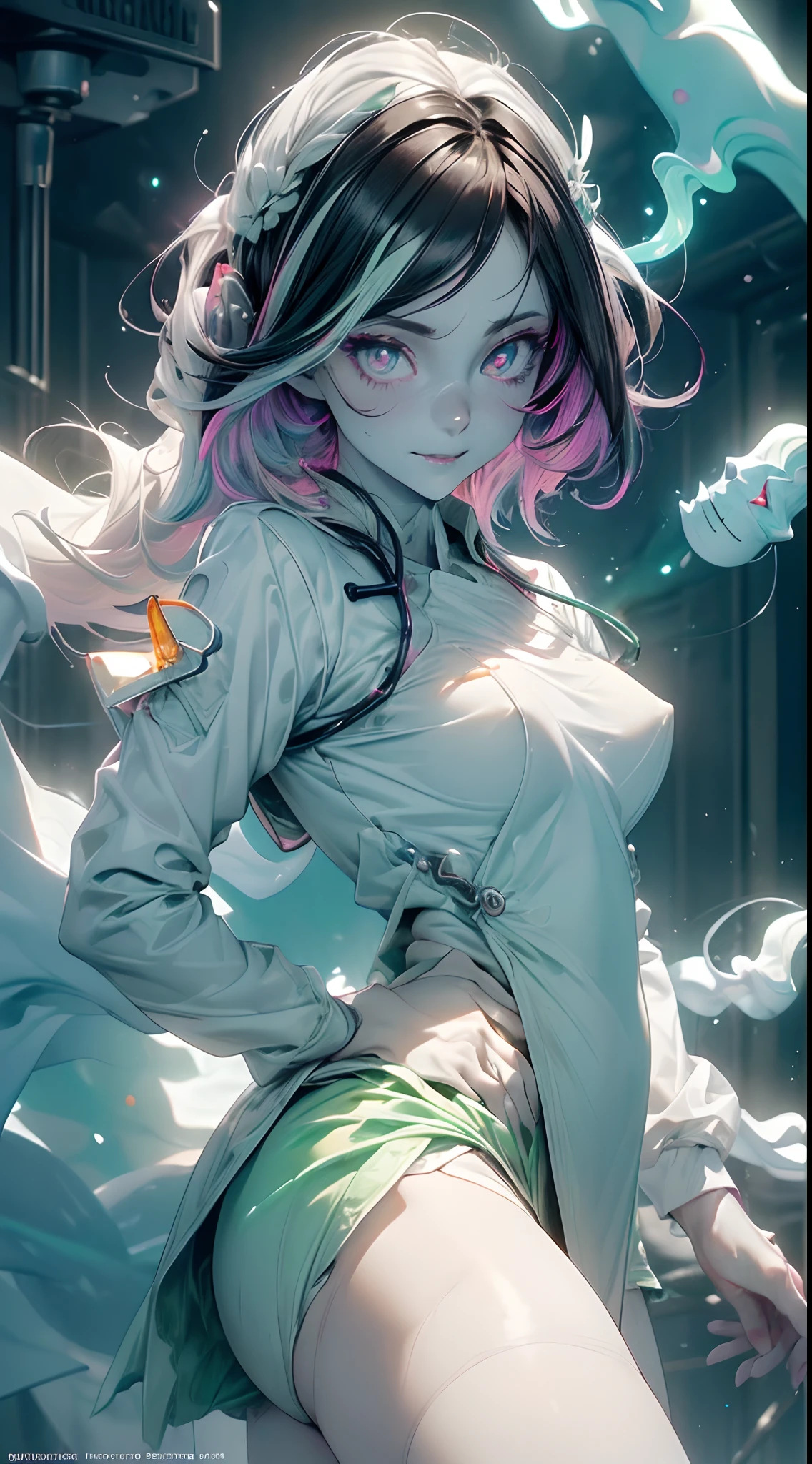 (ghosty:1.85) (doctor:1.5) (nurse:0.65) girl, (white doctor coat:1.4), (spirit, spiritual:1.2), 1girl, perfect and well designed glowing shiny eyes, (beautiful detailed eyes:1.05), natural medium breasts, slim body, beautiful and delicate cute face, (face detail), ((realistic face)), pores, ((pale grey skin)), detailed skin, realistic skin, (((bioluminescence))), ((shiny skin)), (multicolored gradation skin), (monster girl:1.25), human face, medium length hair, hair voluminous, (((((multicolored gradation hair))))), (dark-haired:1.65), super high resolution, 8k, parameters Best quality, (masterpiece:1.4), (magic accessories:1.4), bracelets, extremely detailed thick tight ((white:1.5), (green:1.2), (pink:0.5)) (medical uniform:1.5), (shirt:1.4), skirt, (standing nipples under cloth:1.2), (neckline:1.3), (cleavage:1.1), (decolette:1.15), Young Girl, Beast, (Smile:0.9), (pale Skin:1.85), ultra detailed, photorealistic, ((Real image)), (best quality:1.4), super high resolution, (Realistic 2.0), More details, (((1girl))), {(medical ward:1.2)|(doctor office:1.2)}, (beautiful and aesthetic:1.2), (fractal art:1.4), (cinematic light:1.1), (close DUTCH ANGLE:1.2), 16K, HDR, RTX, Ray Tracing, Radiosity, Anisotropic Filtering, Subsurface Scattering, (((magic lights))), metallic reflections, Detailed, Realistic, 4k highly detailed digital art, (cool_color), extremely detailed CG unity 8k wallpaper, vibrant colors, (seductive pose:1.6)