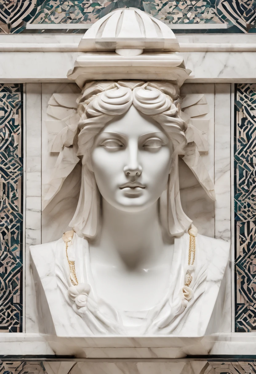Photo of the face of a white marble statue of a woman wearing Athenian clothing