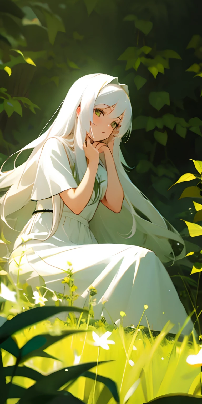 (masterpiece, best quality),1girl with long white hair sitting in a field of green plants and flowers, her hand under her chin, warm lighting, white dress, blurry foreground