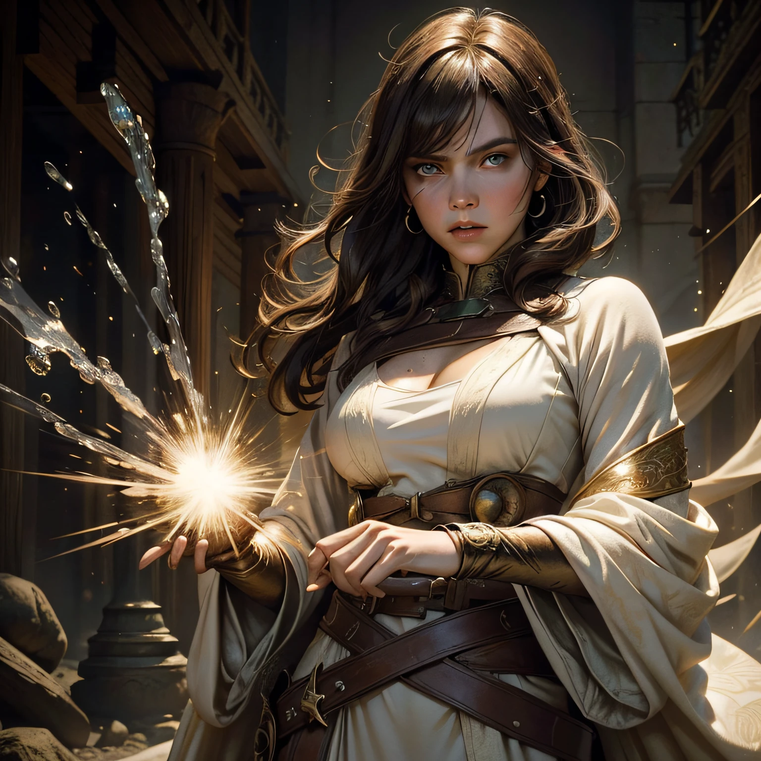 A beautiful sexy woman with green eyes and brown hair is a sorceress Wizard dressed in white and gold robes Noble robes A princess of magic and an angry look ((gritando furiosa)), dramatic wooden wallpaper An art for an RPG A medieval art for an RPG ((cabelo longo))