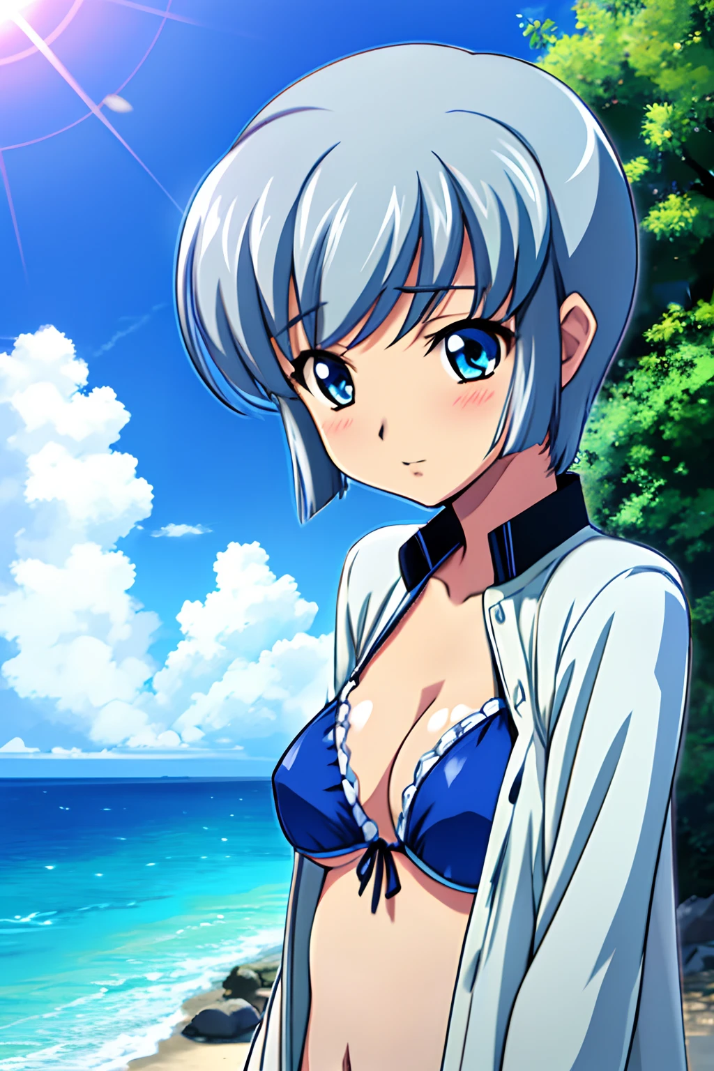 1girl in, irina_Enomoto, Sea, Blue Bikini, Short hair, Silver hair, Bangs, Blue eyes, Solo, Solo Focus, female focus, Upper body,