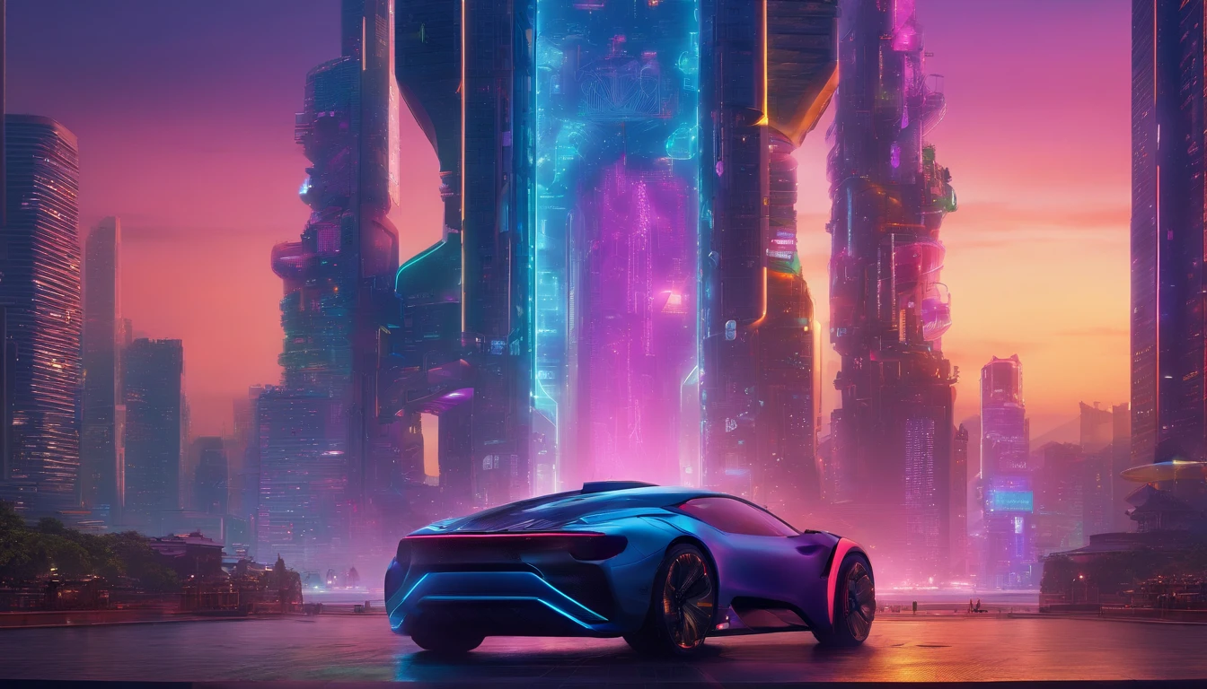(Best quality,4K,8K,A high resolution,Masterpiece:1.2),Ultra-detailed,(Realistic,Photorealistic,photo-realistic:1.37),Artificial intelligence,Dominate the world,landscape,Advanced technology,Futuristic city,towering skyscrapers,Robotic creatures,Lush green parks and gardens,glowing neon lights,Stylish and modern building,Clean polished street,Hover vehicle,People in futuristic costumes,Large digital display,Immersive virtual reality experience,Artificial intelligence blends seamlessly into everyday life,Smart homes and appliances,State-of-the-art medical facilities,Robots that perform complex tasks,Efficiency and automation,Innovation and progress,The possibilities are endless,Humans and artificial intelligence live in harmony,Peace and quiet in technological progress,The majestic sunset casts a warm glow over the city,Pastel tones of blue and purple dominate the palette,Soft, diffused lighting creates a tranquil atmosphere.