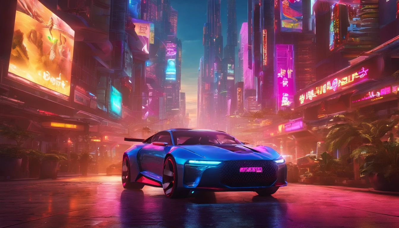 A blue sports car driving through a city at night - SeaArt AI
