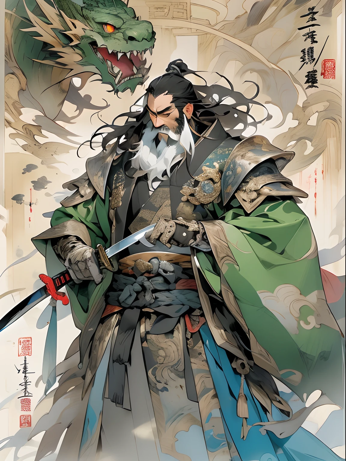 (((China-style,Ink painting method,Half-length portrait,Intense color,Han dynasty, China,Hanfu,Armor,Guan yu,Guan Yunchang,of a guy,Ruddy killing square face,Hold the Blue Dragon Moon Knife in his right hand,Stroke your beard with your left hand,Long hair,petty eyes,Green robe))), (((best qualityer))), (((tmasterpiece))), (((AS-Adult))), ((( Japanese ))), Look up from your knees, Handsome Asian samurai,perfect body figure, Modern samurai, ((( Asian))), Wear gloves on your hands,The left arm is made of steel and metal tips,Made of protective devices, The eyes are pulled, (( Appears below the chest )), (( Small dental floss )), Simon Bisley, Almost naked(Simon Bisley)Castle City Wilderness,For high-resolution posters, hair straight, Minimum clothing, armure (Crazy clothes ), Full of tips and rivets, tribal tattoos, (((full bodyesbian))), Straight brunette hair,Colored hair ends