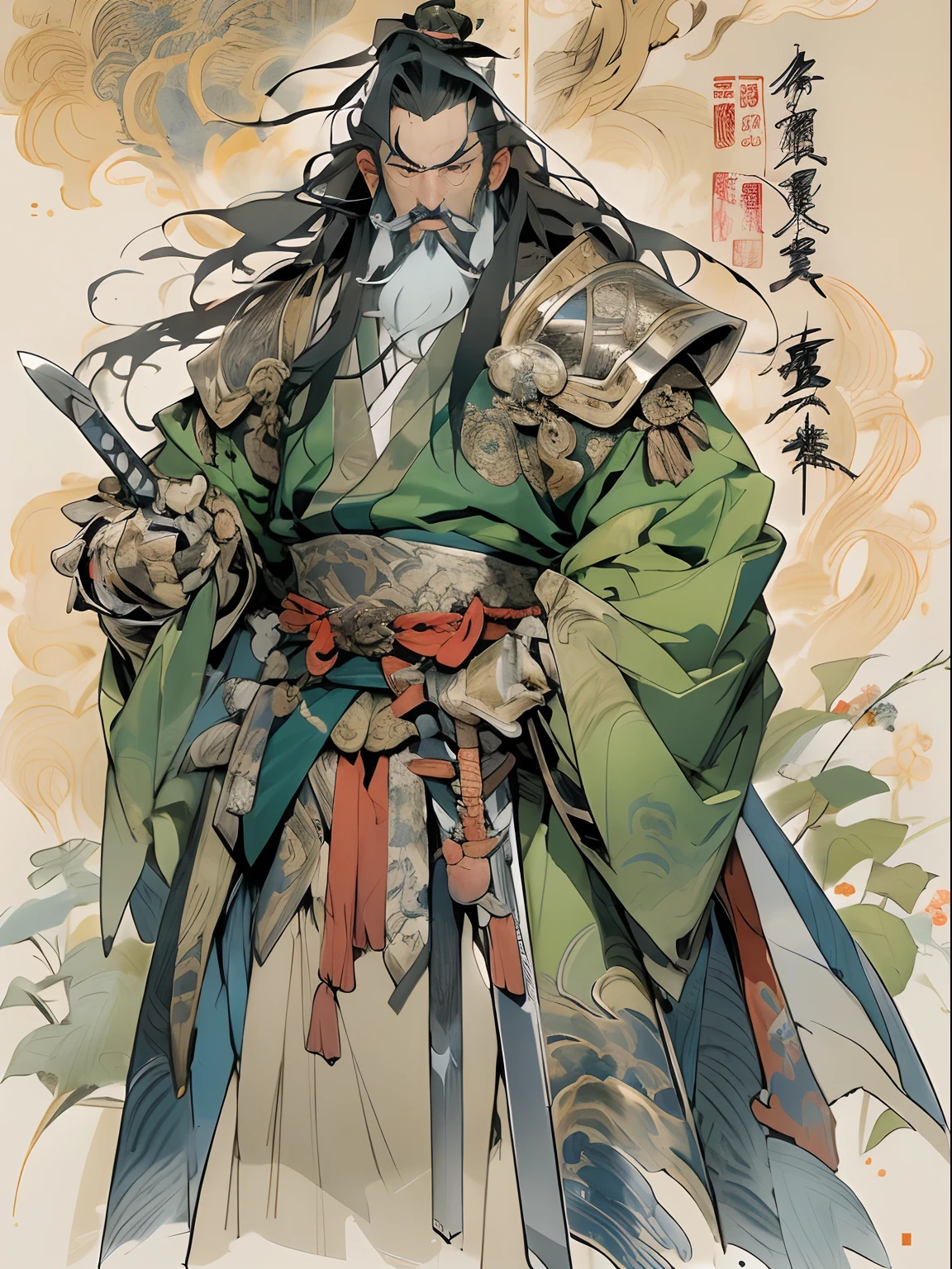 (((China-style,Ink painting method,Half-length portrait,Intense color,Han dynasty, China,Hanfu,Armor,Guan yu,Guan Yunchang,of a guy,Ruddy killing square face,Hold the Blue Dragon Moon Knife in his right hand,Stroke your beard with your left hand,Long hair,petty eyes,Green robe))), (((best qualityer))), (((tmasterpiece))), (((AS-Adult))), ((( Japanese ))), Look up from your knees, Handsome Asian samurai,perfect body figure, Modern samurai, ((( Asian))), Wear gloves on your hands,The left arm is made of steel and metal tips,Made of protective devices, The eyes are pulled, (( Appears below the chest )), (( Small dental floss )), Simon Bisley, Almost naked(Simon Bisley)Castle City Wilderness,For high-resolution posters, hair straight, Minimum clothing, armure (Crazy clothes ), Full of tips and rivets, tribal tattoos, (((full bodyesbian))), Straight brunette hair,Colored hair ends