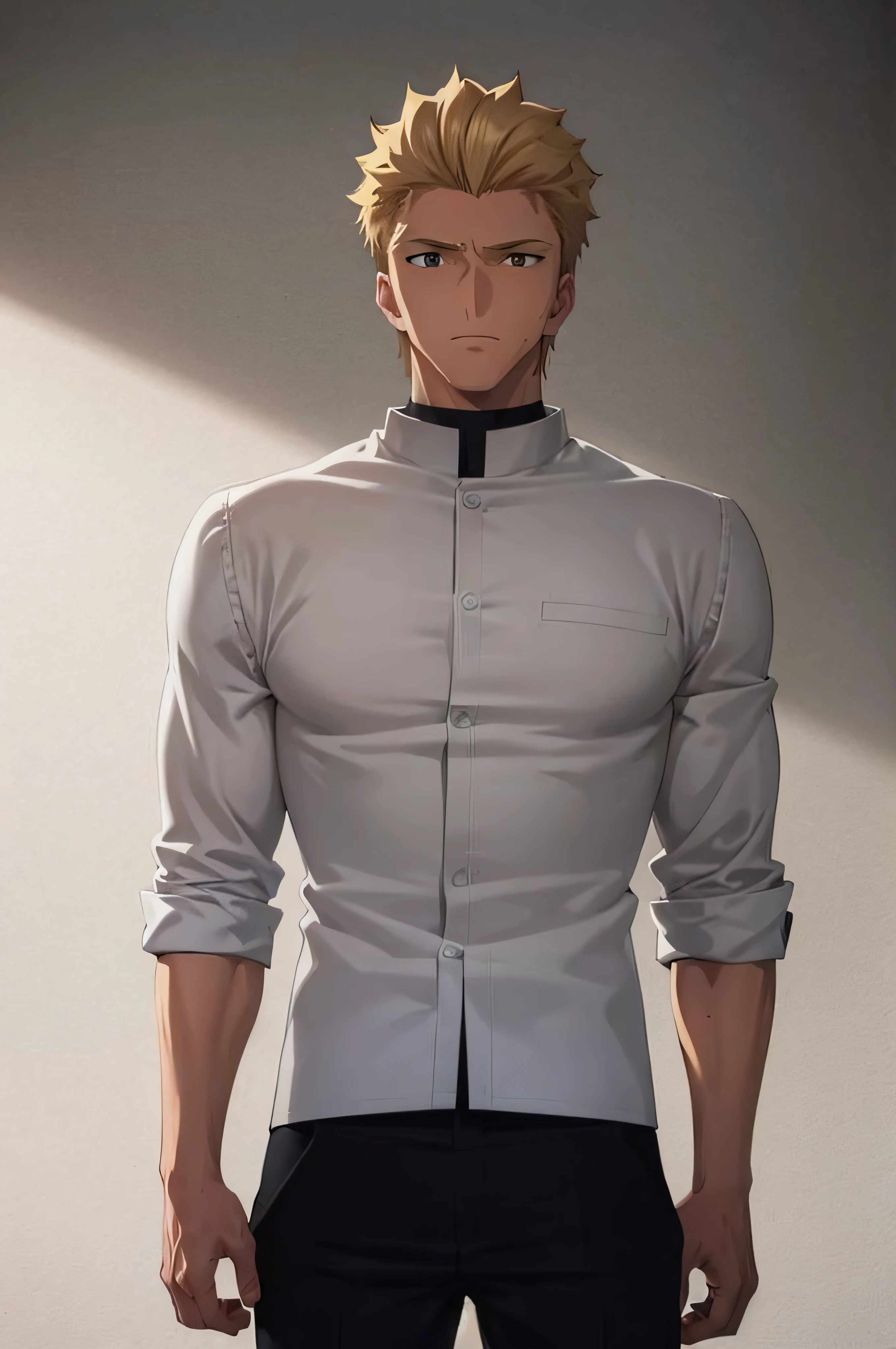 1boy,student,beautifull , masterpiece,better quality,portrait,gakuran,simple background,blonde hair,tall,muscular,younger,school uniform,short hair,only upperbody,