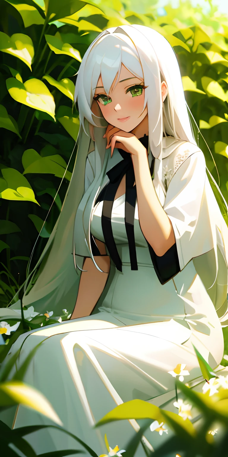 (masterpiece, best quality),1girl with long white hair sitting in a field of green plants and flowers, her hand under her chin, warm lighting, white dress, blurry foreground