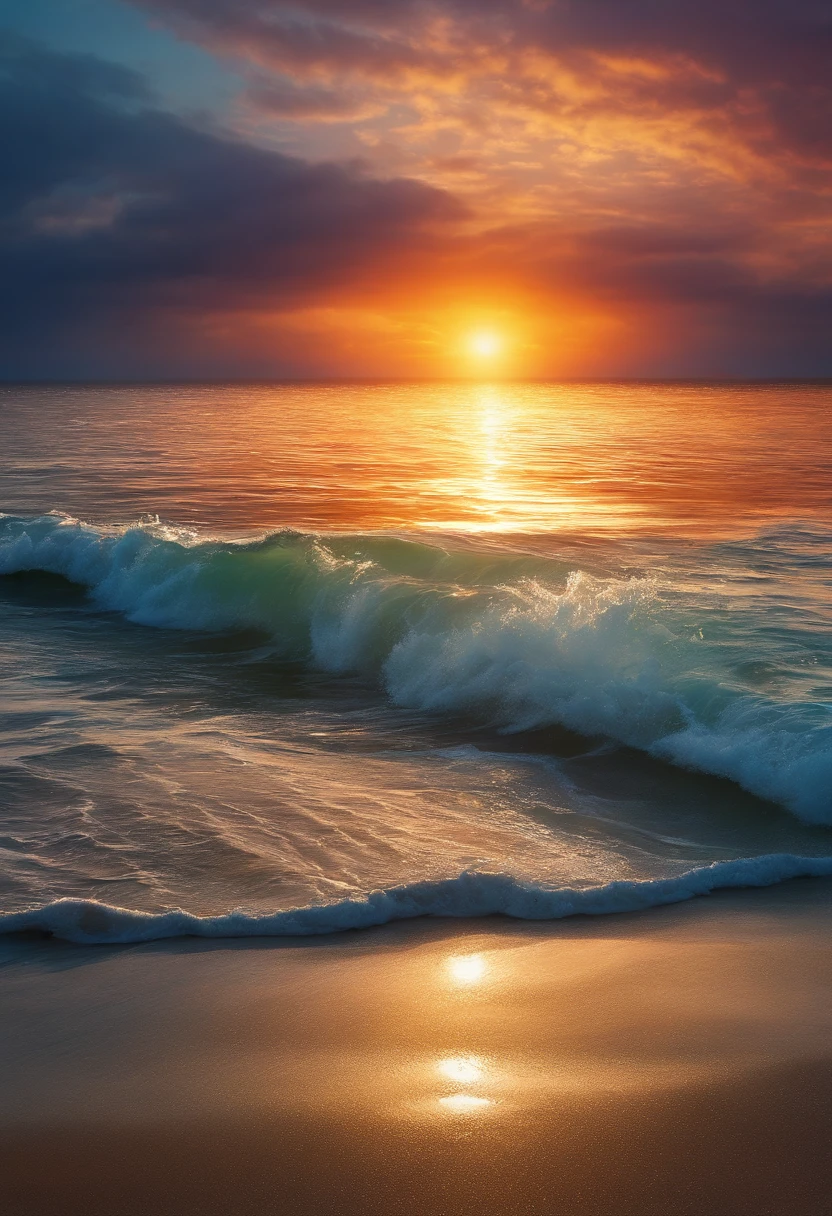 sea,art 2.1,ai 2.1,illustration,ocean waves,sunset,shimmering water,sparkling reflection,detailed waves,seagulls flying,beach sand,coastline,ship sailing,distant horizon,vibrant colors,serene atmosphere,tranquil scene,harmony of nature,blending colors,soft brushstrokes,immersive experience,mesmerizing composition,masterpiece:1.2