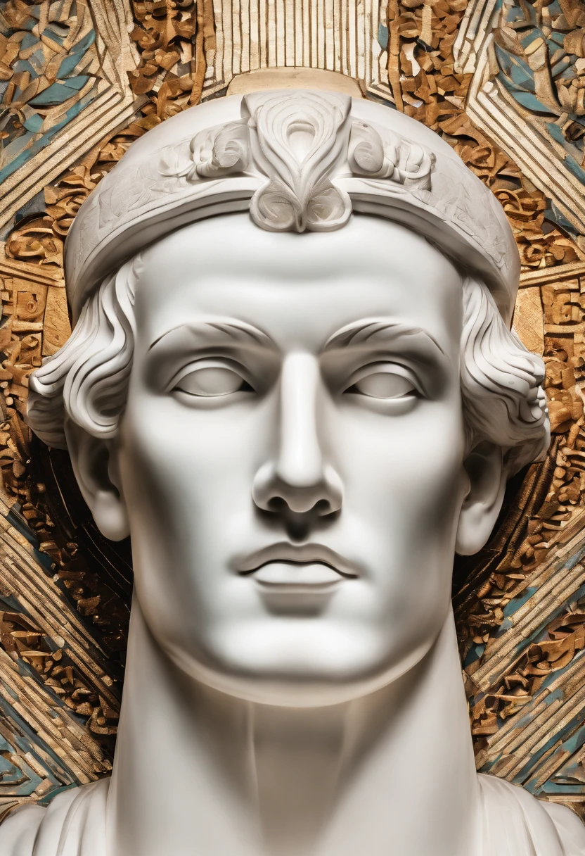 Photo of the face of a white marble statue of a man wearing Athenian clothing
