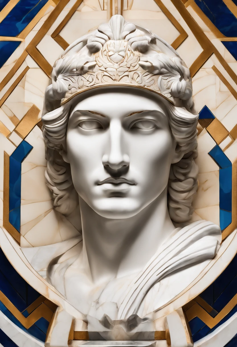 Photo of the face of a white marble statue of a man wearing Athenian clothing