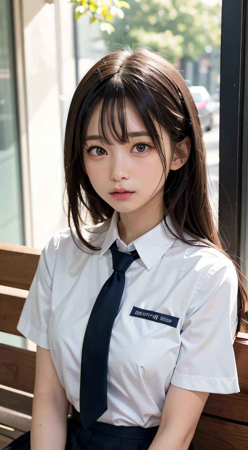 (Masterpiece, Best quality:1.2), 8K, ar old, 85mm, offcial art, RAW photo, absurderes, White dress shirt, Pretty face, Close up, Upper body, violaceaess, gardeniass, Beautiful girl, school uniform, (Navy pleated skirt:1.1), constricted waist, Thighs, short- sleeved, on train, Sit on a bench seat, view the viewer, No makeup, (Smile:0.4), filmgrain, color difference, Sharp focus, facelight, clear lighting, Teenage uncensored, Detailed face, Bokeh background, (dark red necktie:1.1)